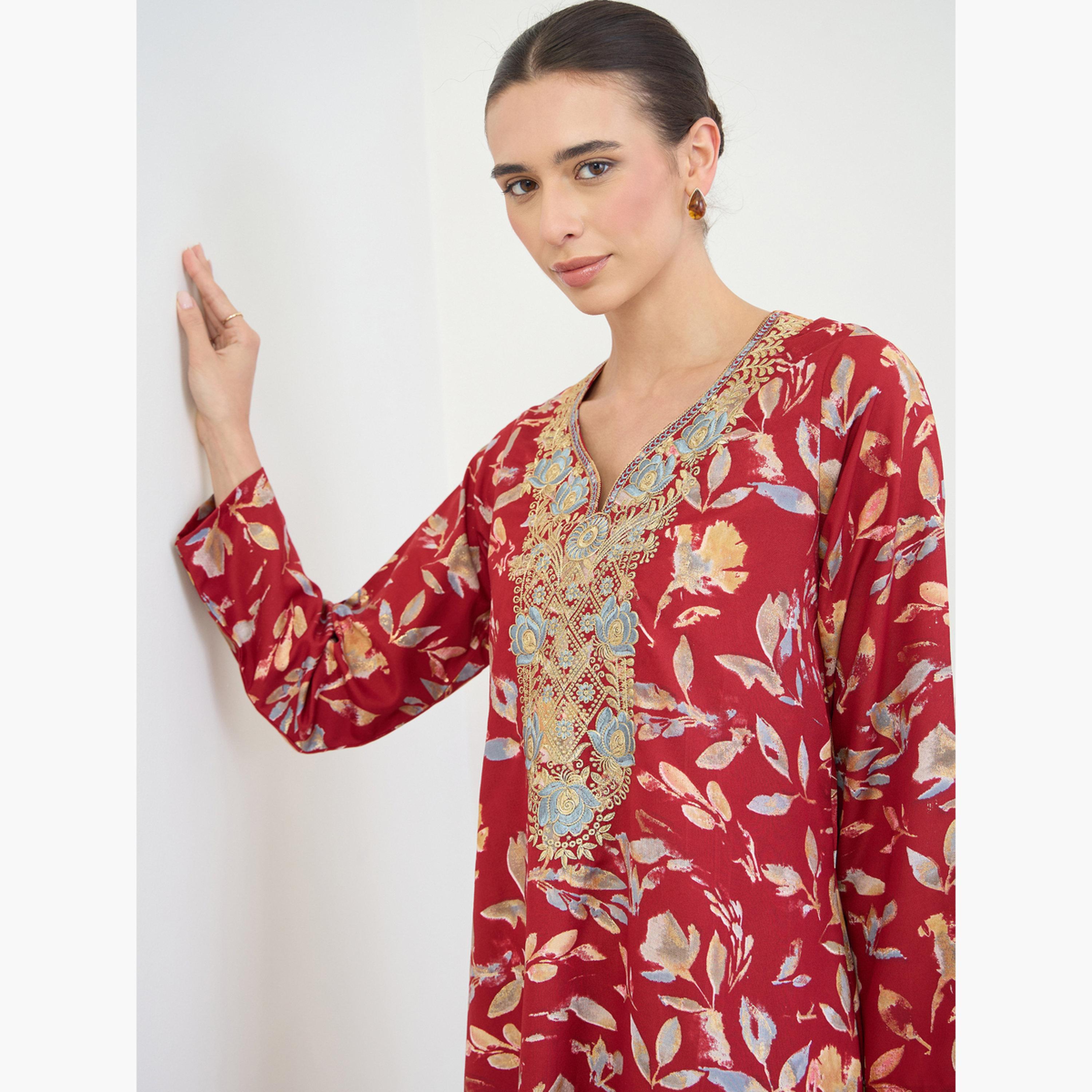 Amirah X Styli Red All Over Print Jalabiya with Thread Embroidery-women-arabicclothing-jalabiyas-image-4