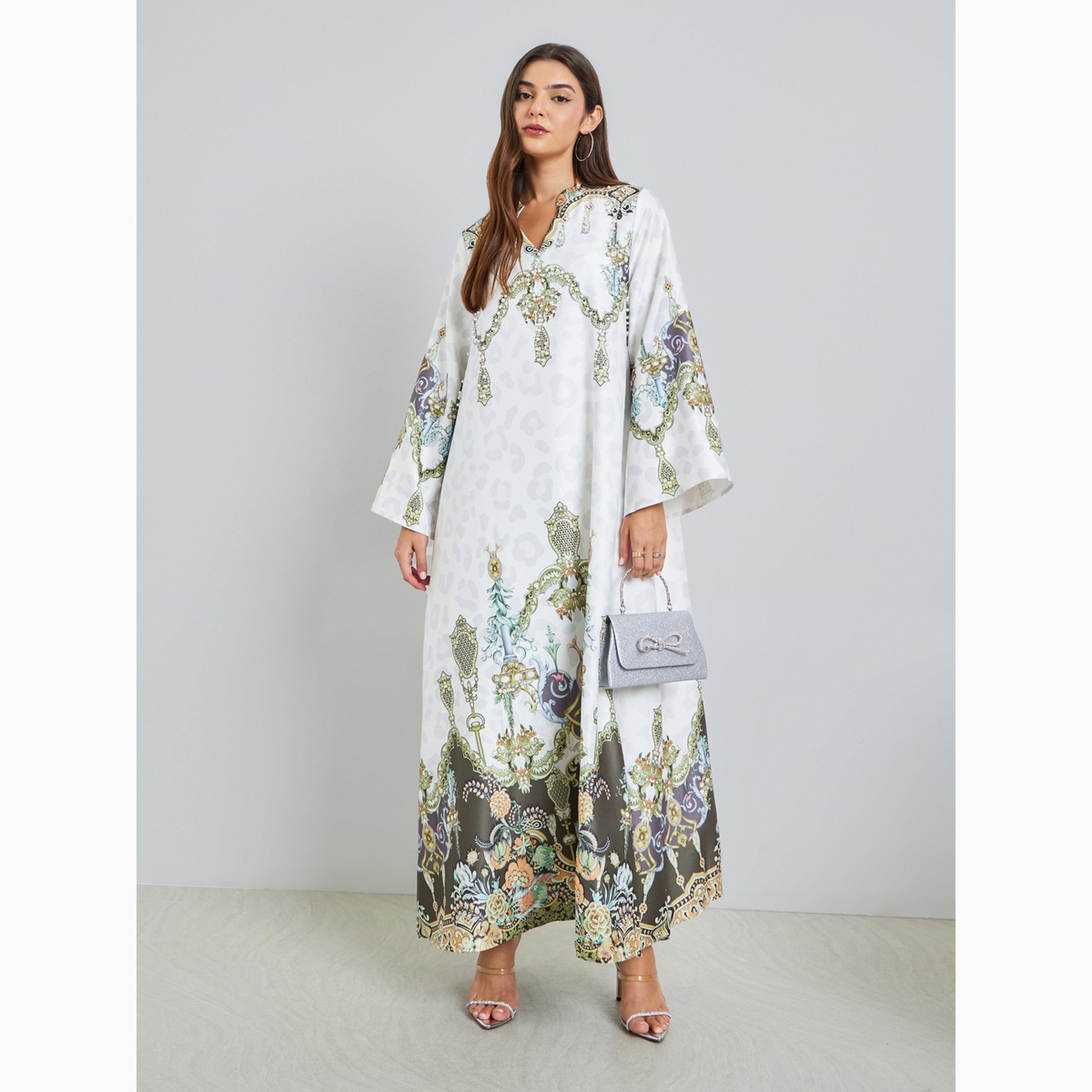 Styli Printed Rhinestone Embellished Bell Sleeve Jalabiya-women-arabicclothing-jalabiyas-image-1