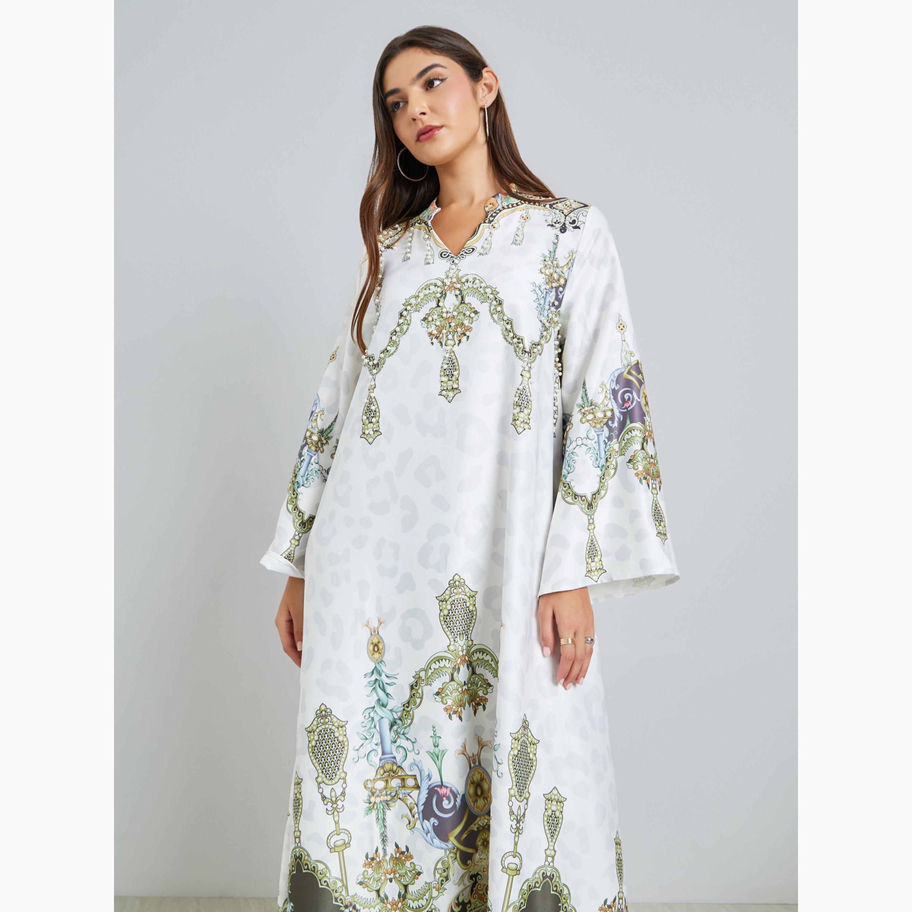Styli Printed Rhinestone Embellished Bell Sleeve Jalabiya-women-arabicclothing-jalabiyas-image-2