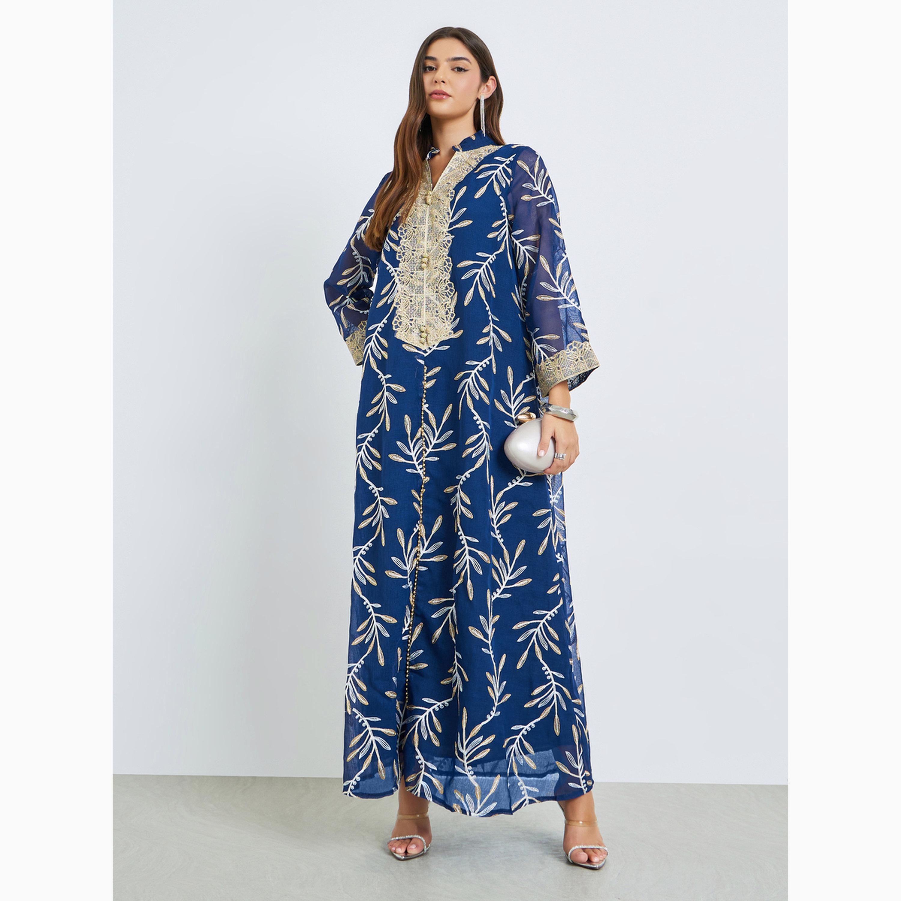 Styli Embroidered Collared Jalabiya with Lace Detail-women-arabicclothing-jalabiyas-image-1