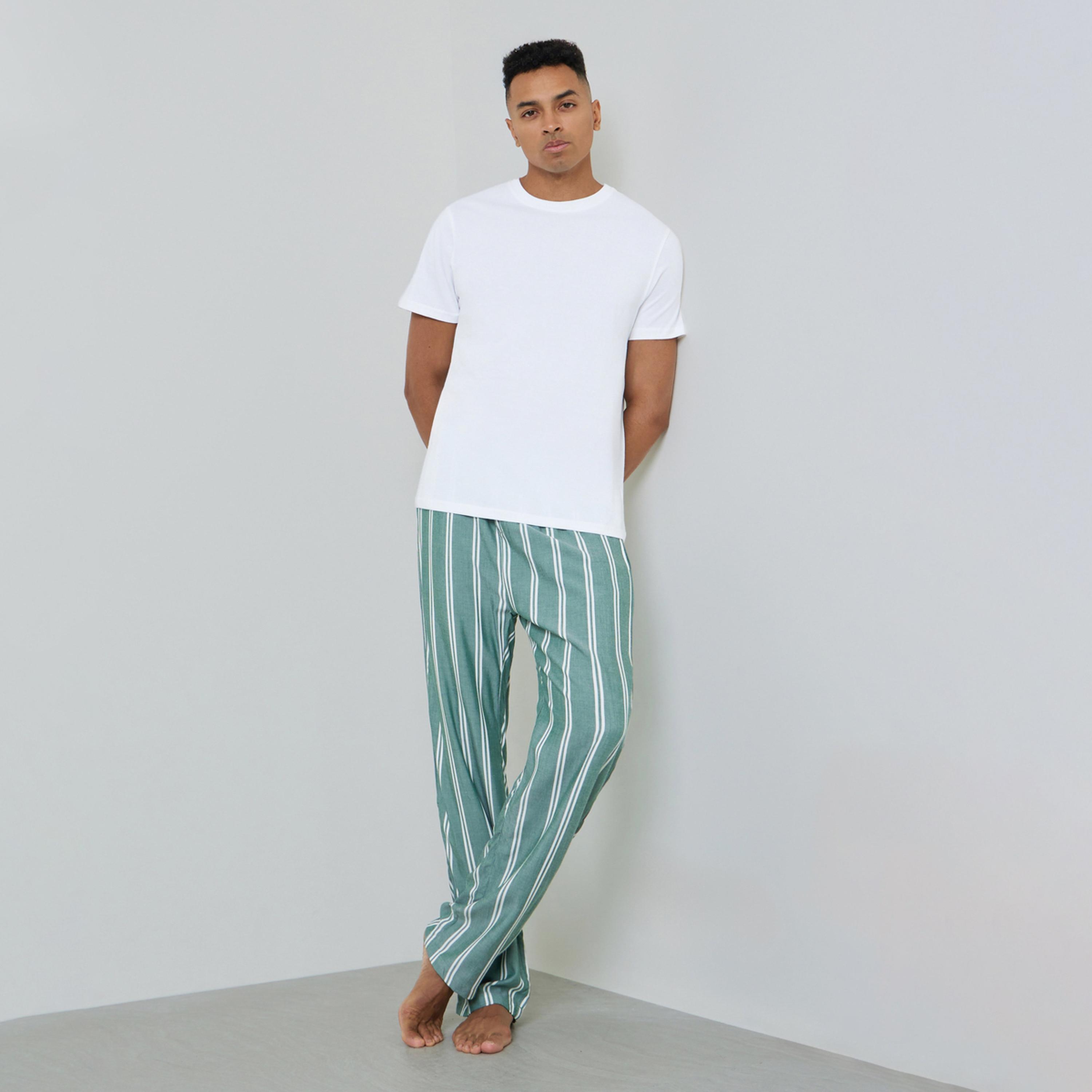 Styli Men Solid Cotton T-Shirt and Striped Pyjama Set-men-clothing-nightwear-sets-image-1