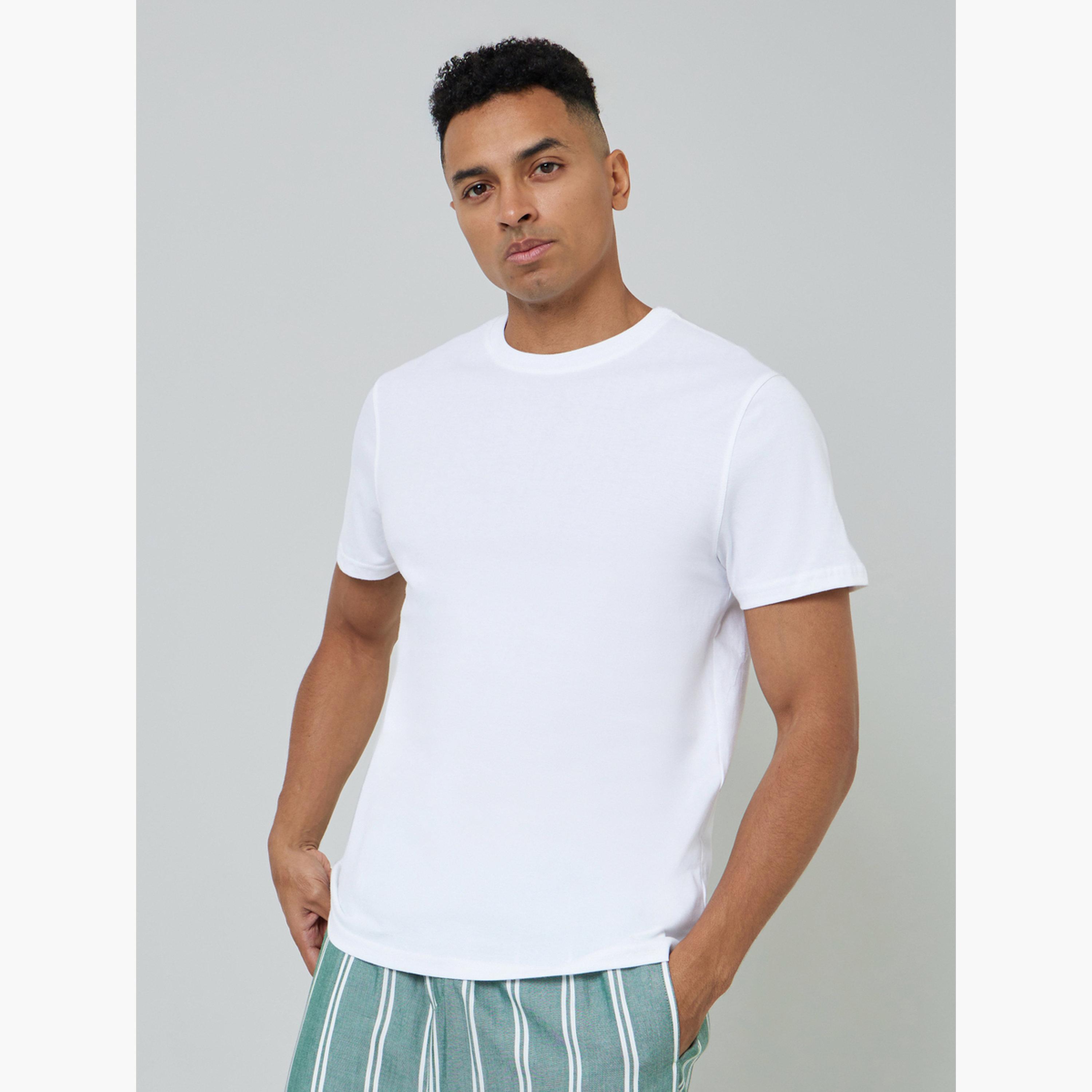 Styli Men Solid Cotton T-Shirt and Striped Pyjama Set-men-clothing-nightwear-sets-image-2