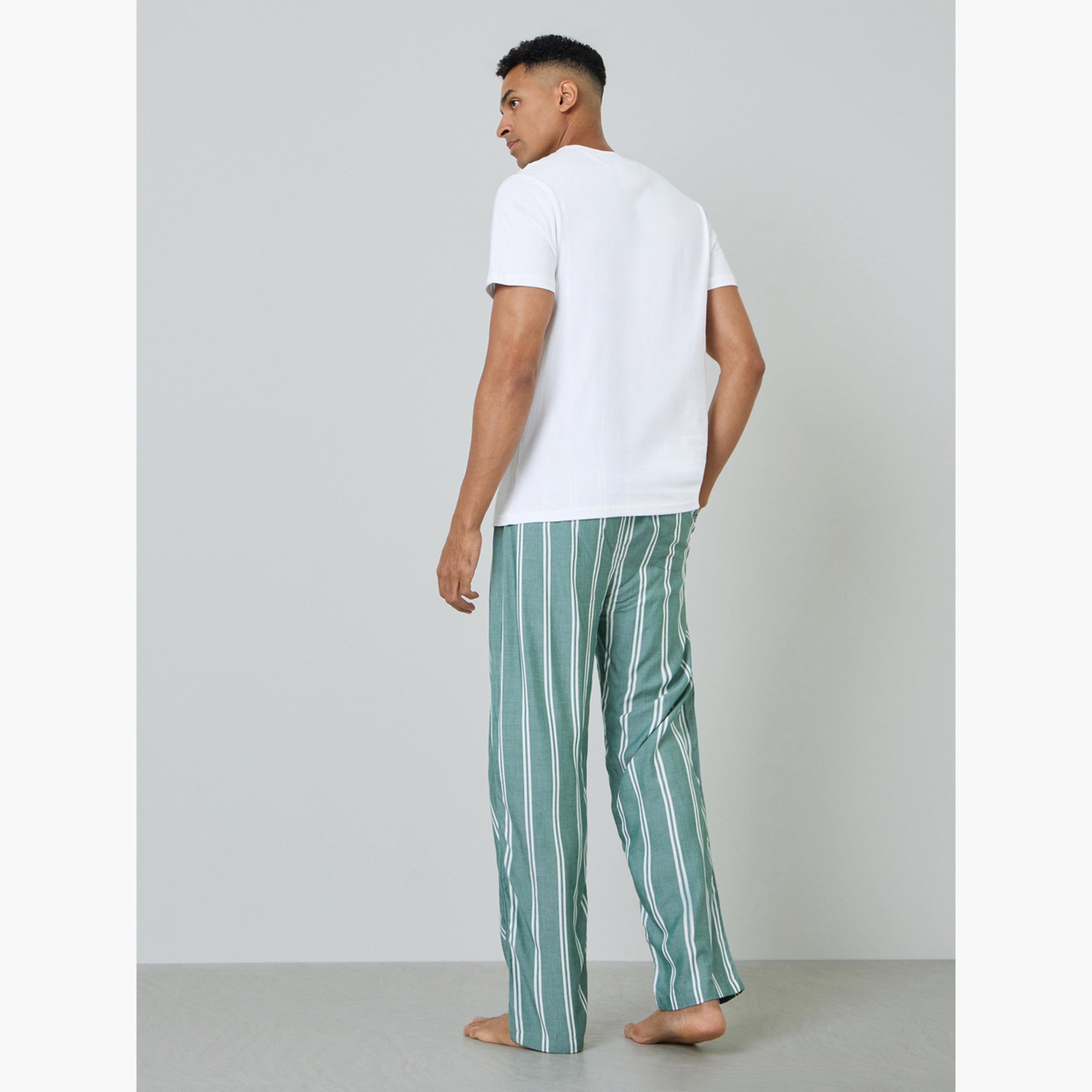 Styli Men Solid Cotton T-Shirt and Striped Pyjama Set-men-clothing-nightwear-sets-image-3