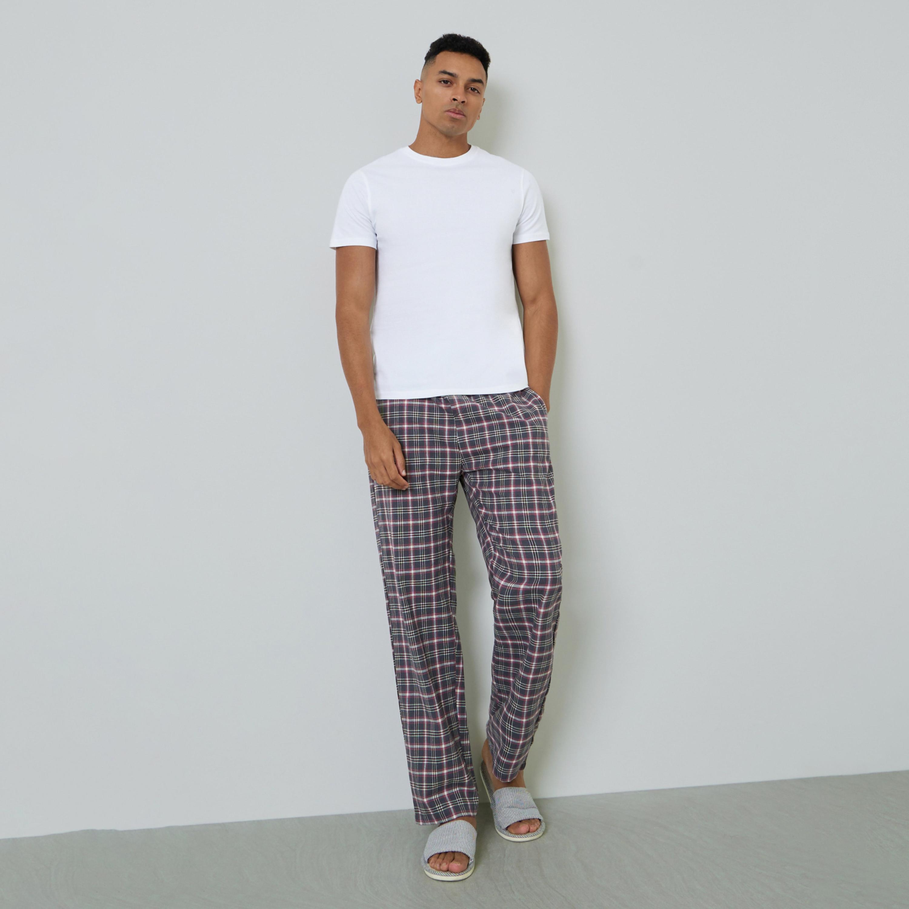 Styli Men Solid Cotton T-Shirt and Checked Pyjama Set-men-clothing-nightwear-sets-image-1