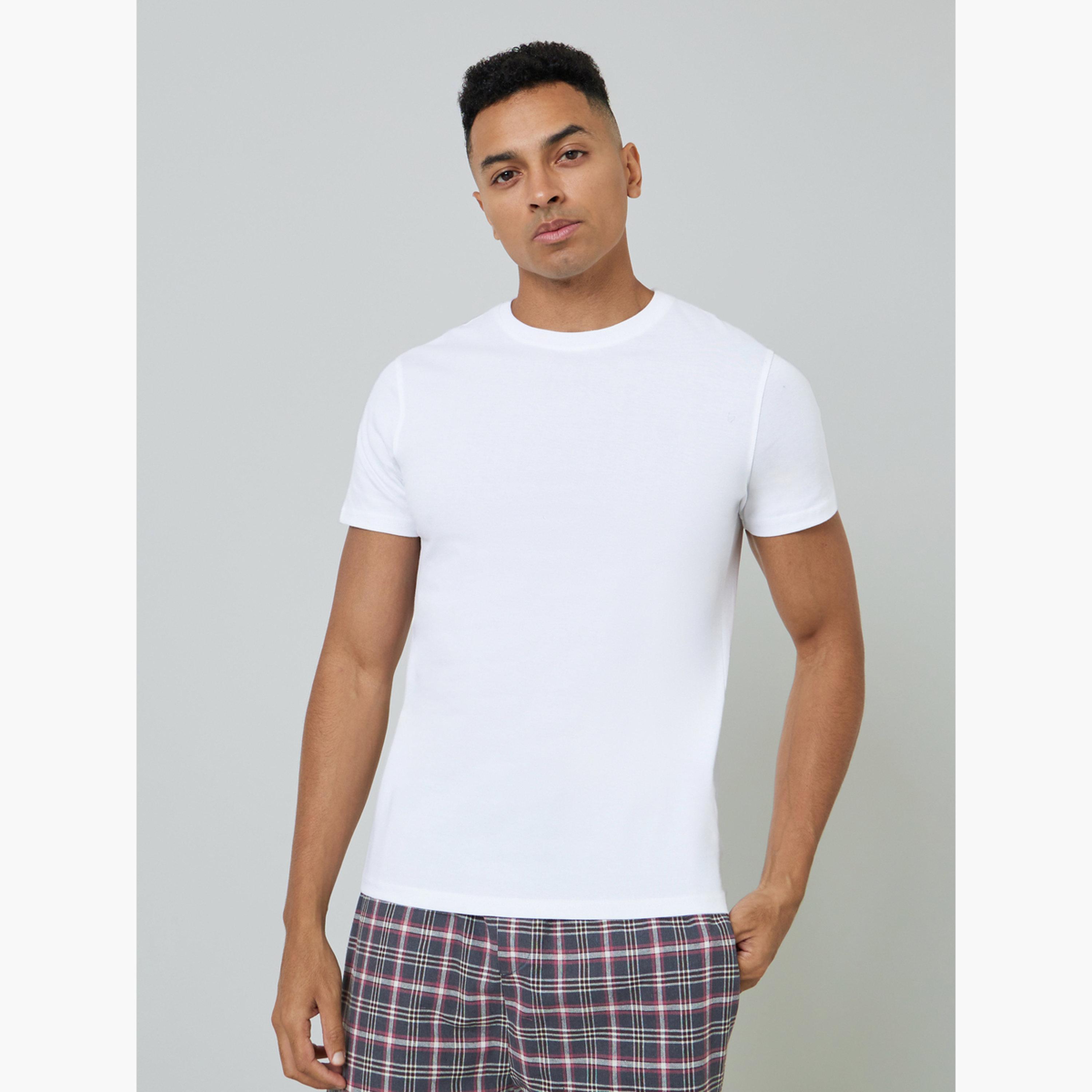 Styli Men Solid Cotton T-Shirt and Checked Pyjama Set-men-clothing-nightwear-sets-image-2