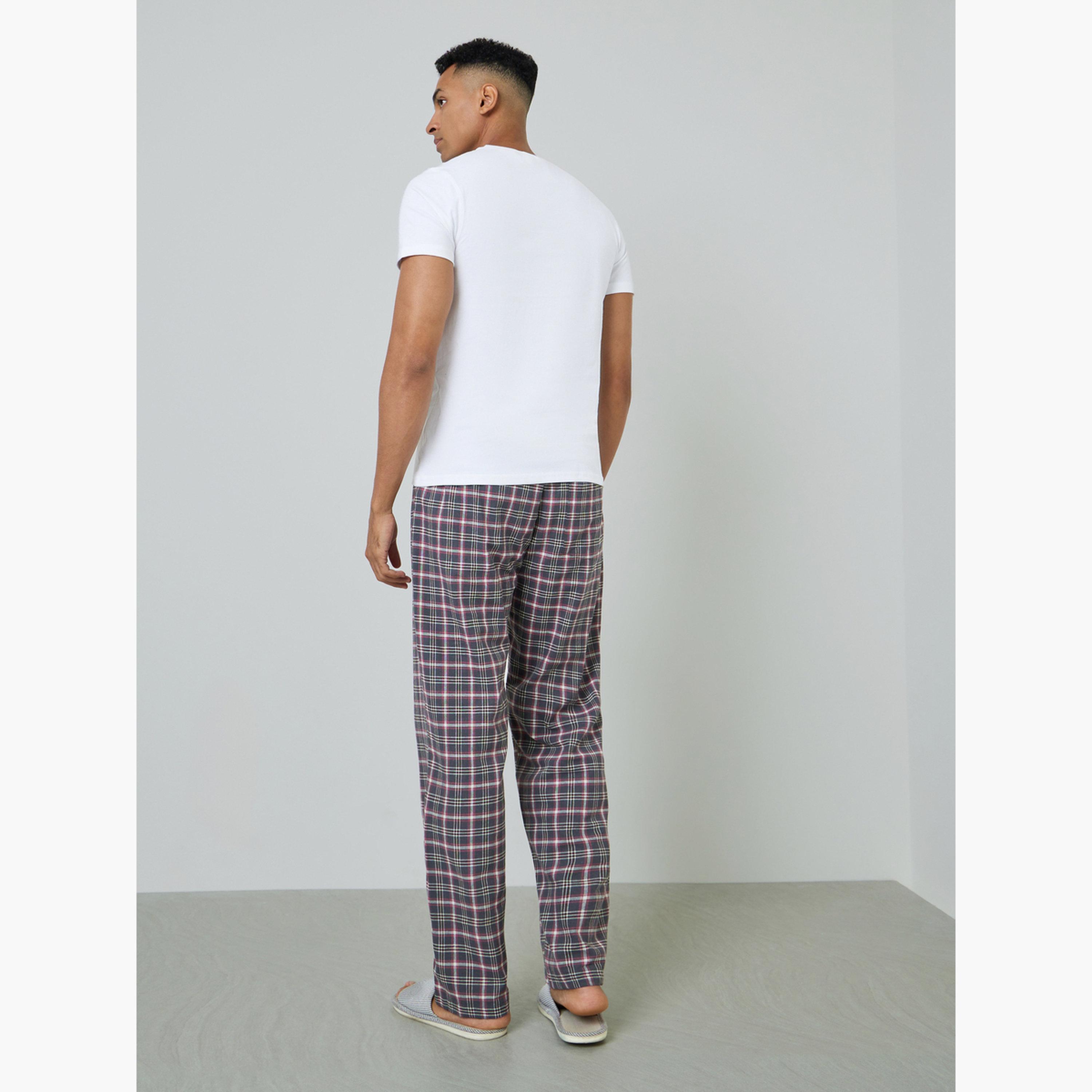 Styli Men Solid Cotton T-Shirt and Checked Pyjama Set-men-clothing-nightwear-sets-image-3