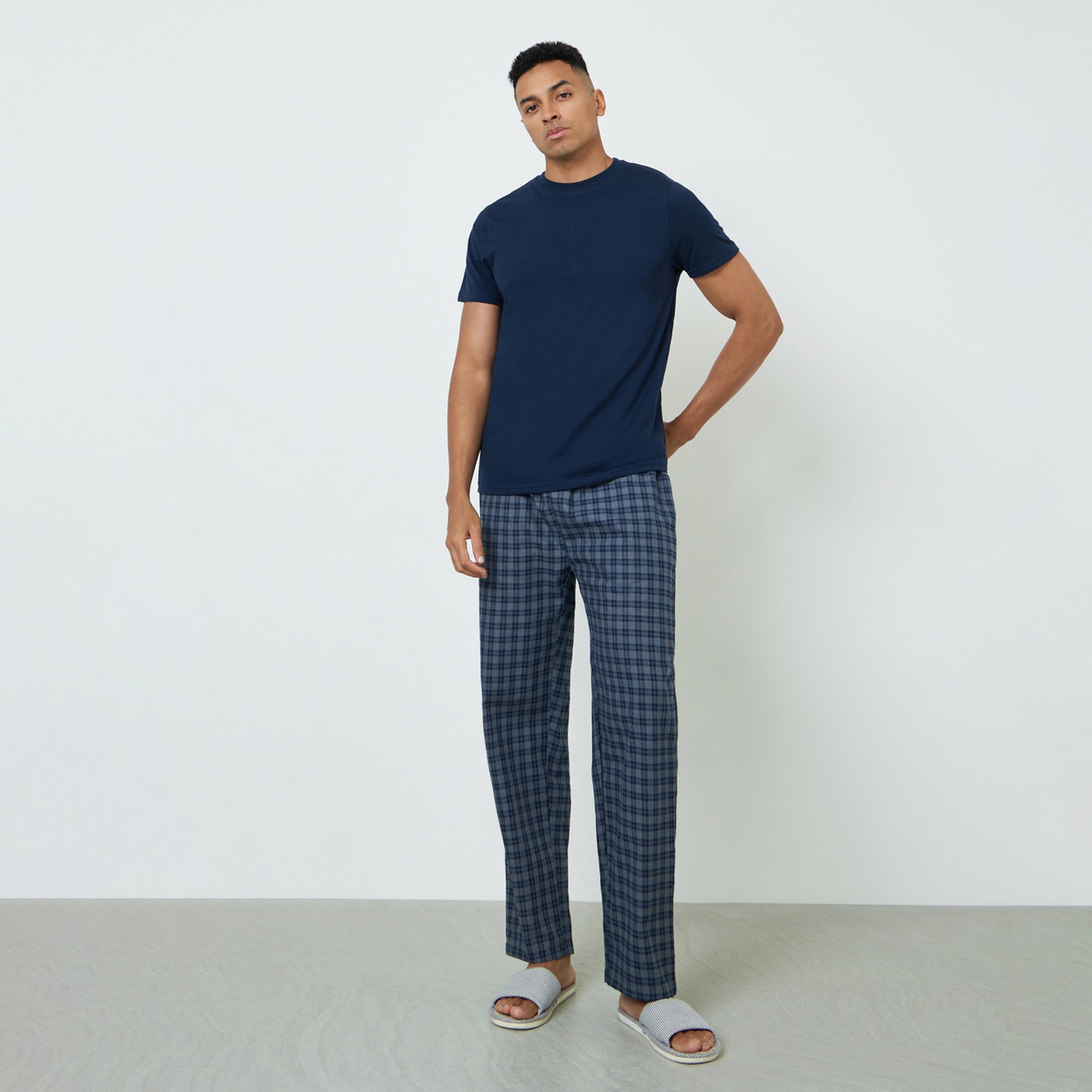 Styli Men Solid Cotton T-Shirt and Checked Pyjama Set-men-clothing-nightwear-sets-image-1