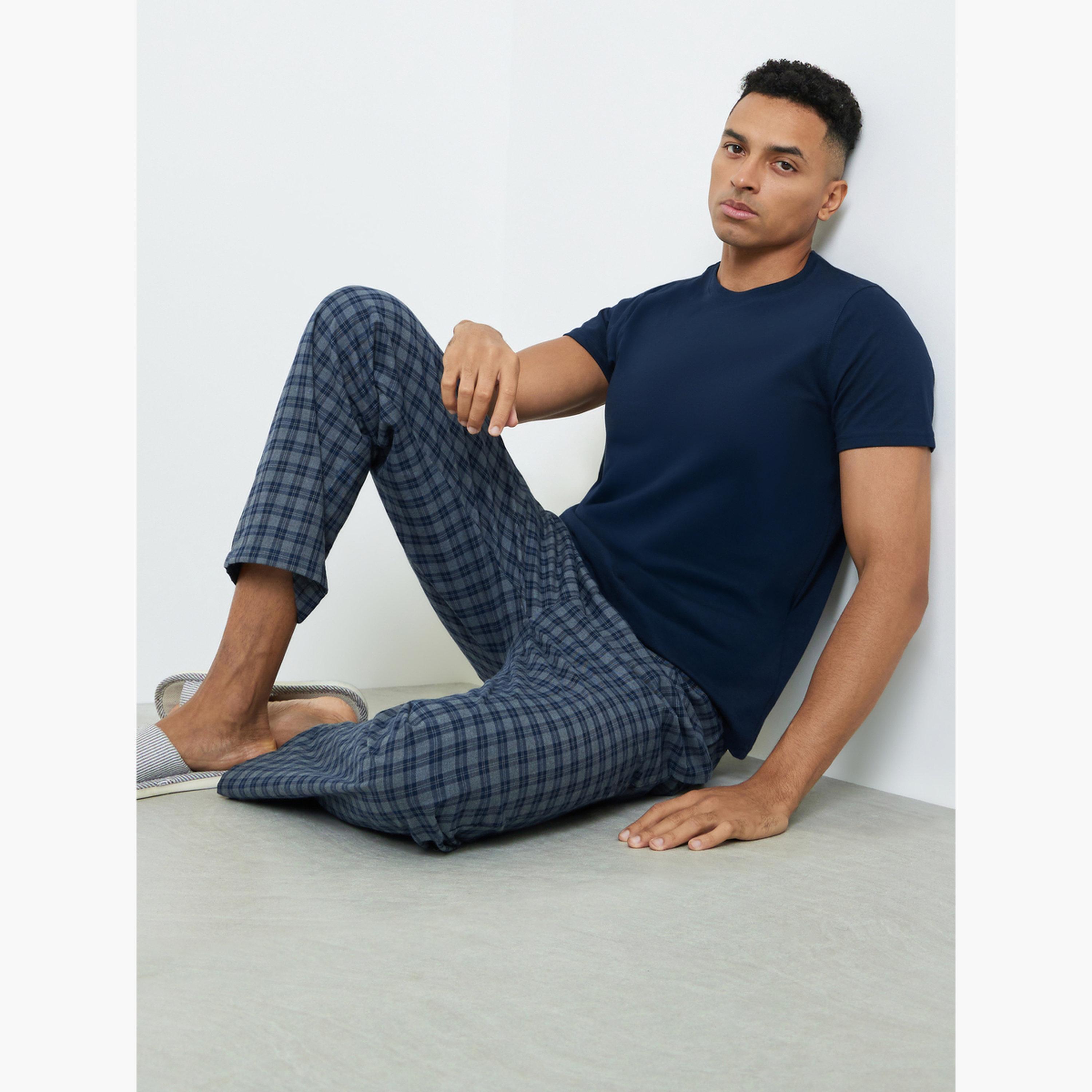 Styli Men Solid Cotton T-Shirt and Checked Pyjama Set-men-clothing-nightwear-sets-image-2