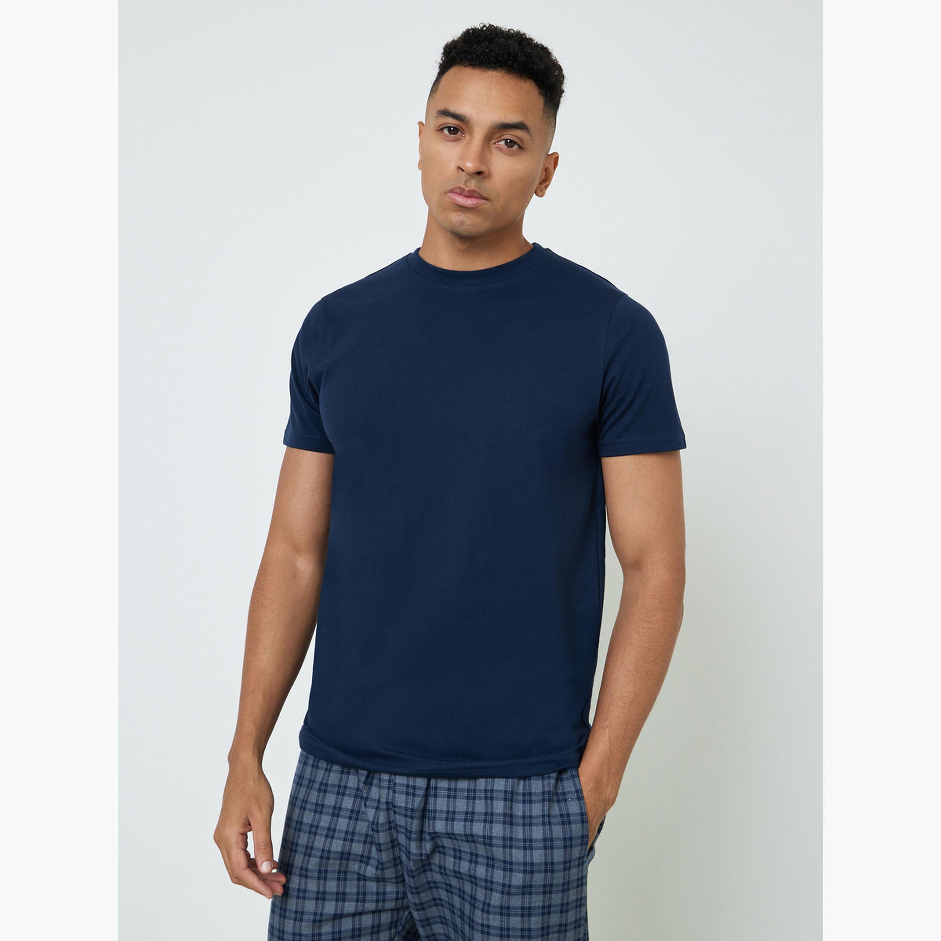 Styli Men Solid Cotton T-Shirt and Checked Pyjama Set-men-clothing-nightwear-sets-image-3