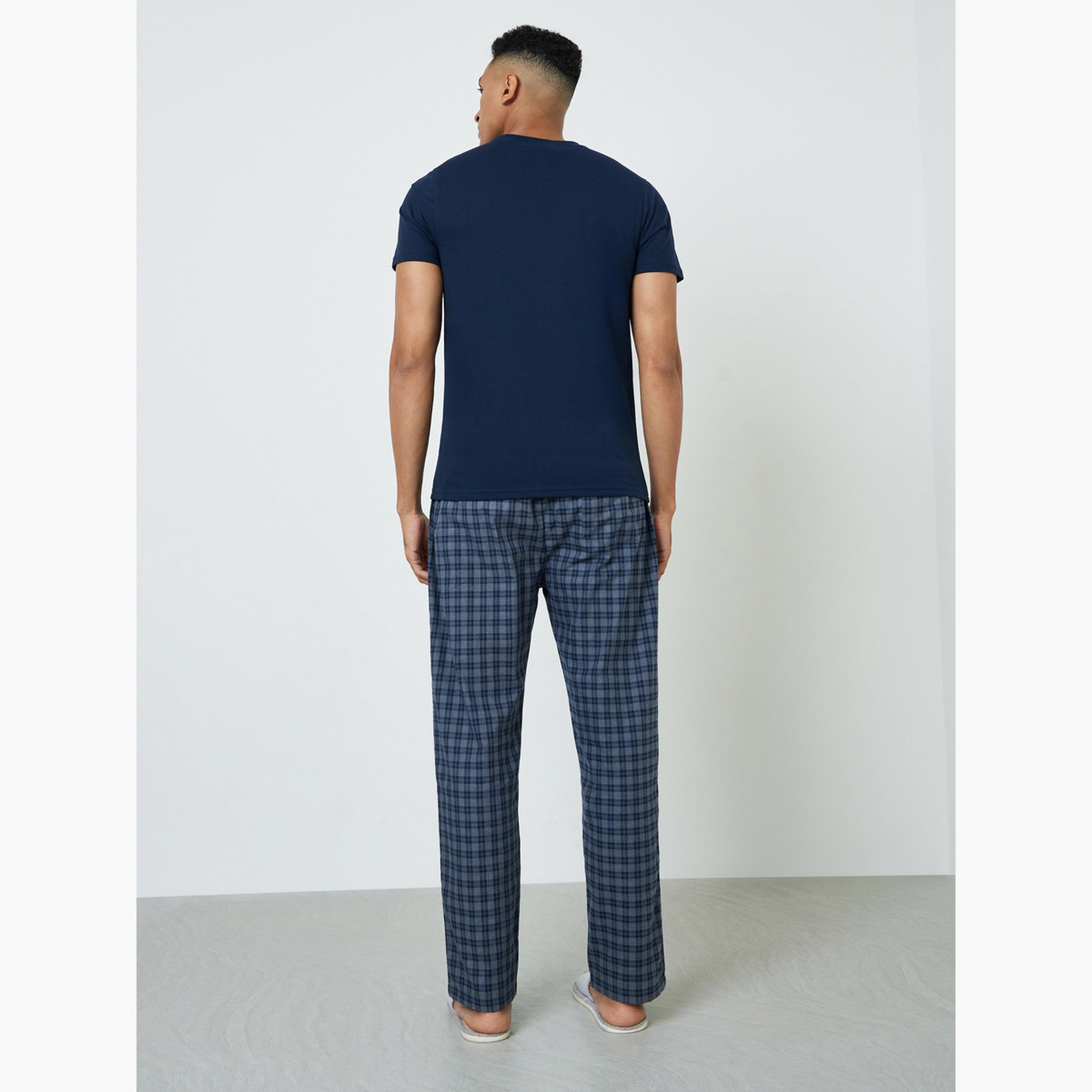 Styli Men Solid Cotton T-Shirt and Checked Pyjama Set-men-clothing-nightwear-sets-image-4