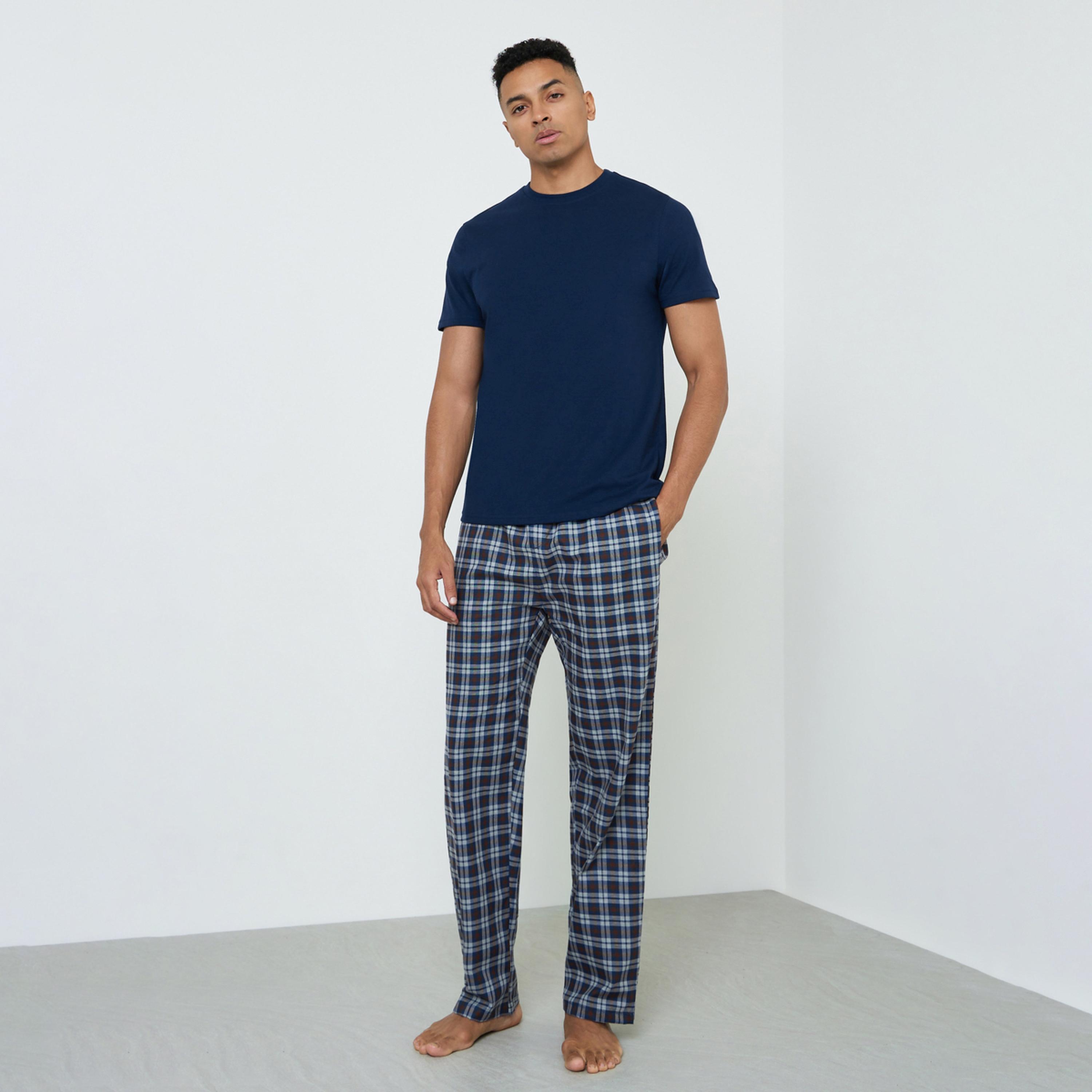 Styli Men Solid Cotton T-Shirt and Checked Pyjama Set-men-clothing-nightwear-sets-image-1