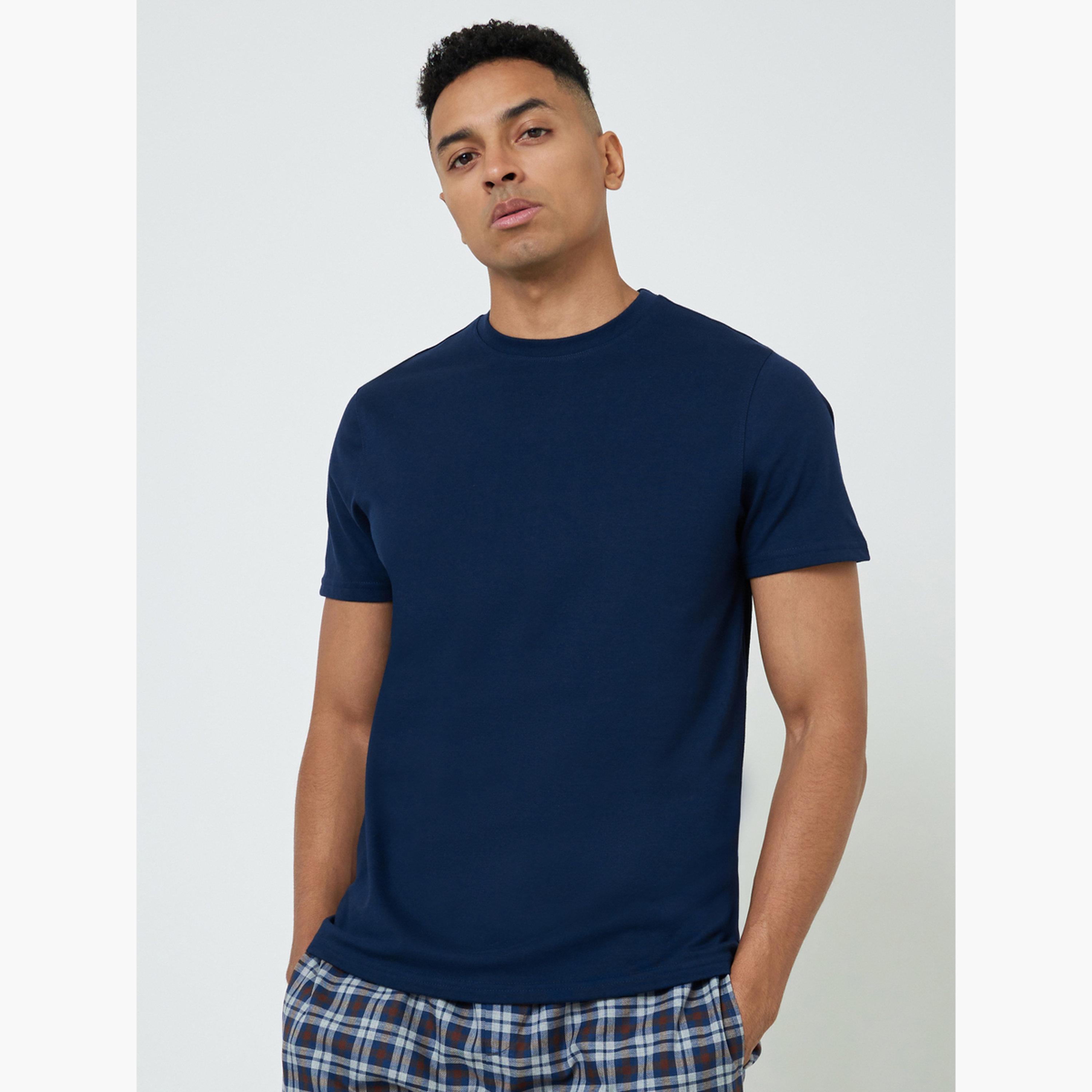 Styli Men Solid Cotton T-Shirt and Checked Pyjama Set-men-clothing-nightwear-sets-image-2