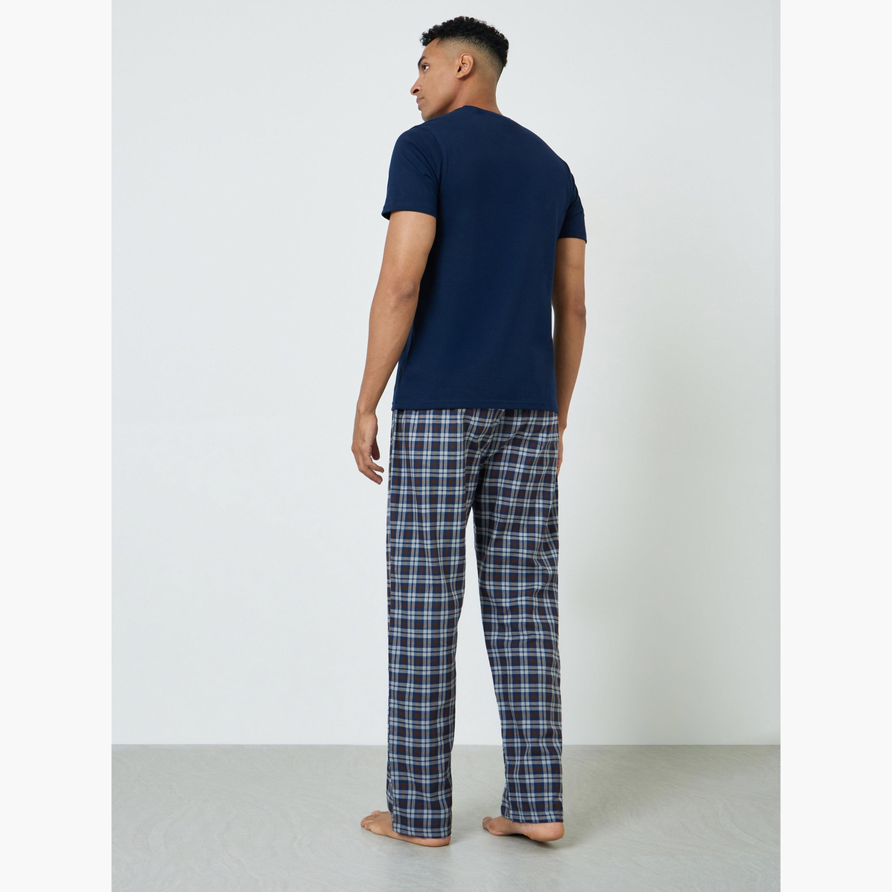 Styli Men Solid Cotton T-Shirt and Checked Pyjama Set-men-clothing-nightwear-sets-image-3