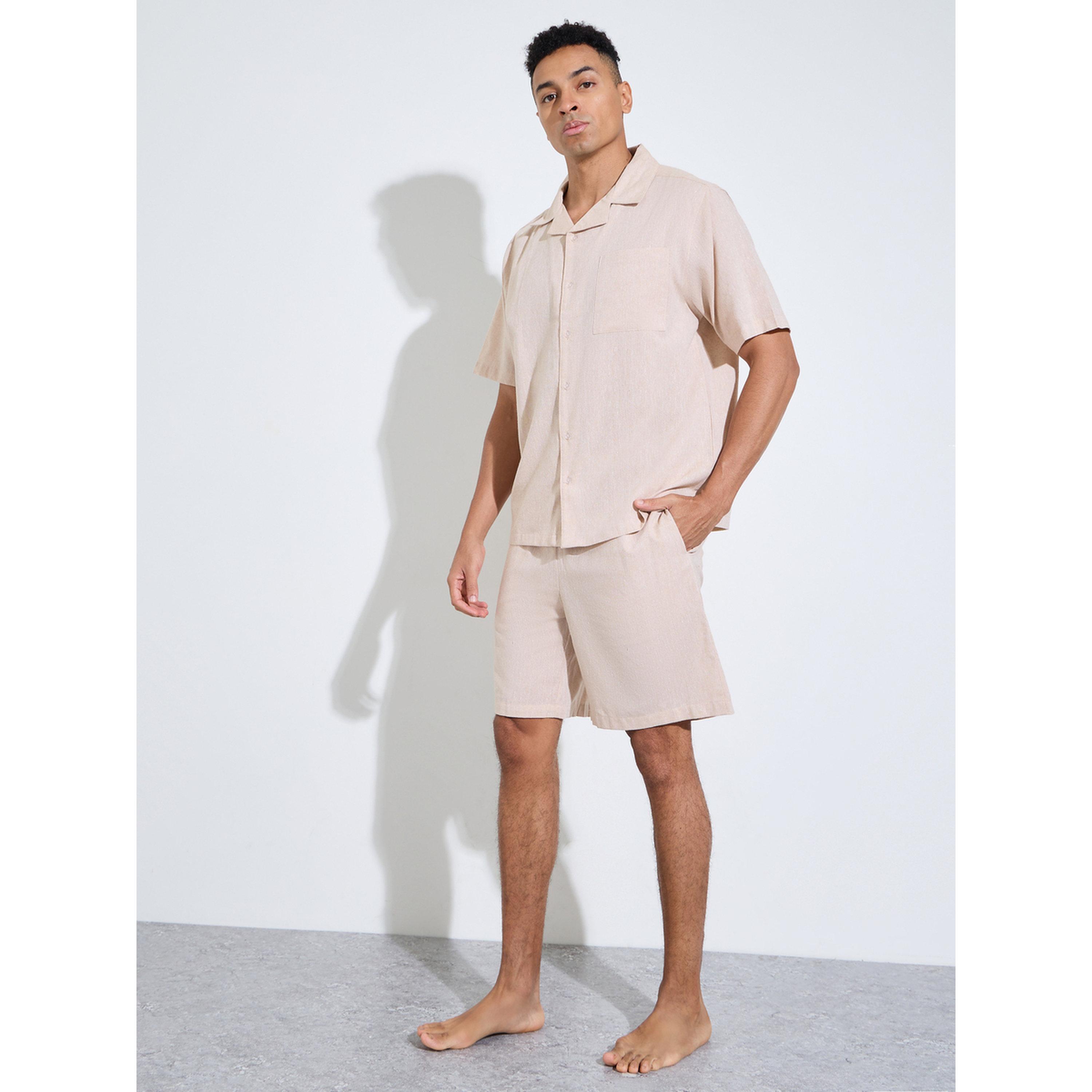 Styli Beige Solid Short Sleeves Pocket Detail Shirt and Shorts Pyjama Set-men-clothing-nightwear-sets-image-1