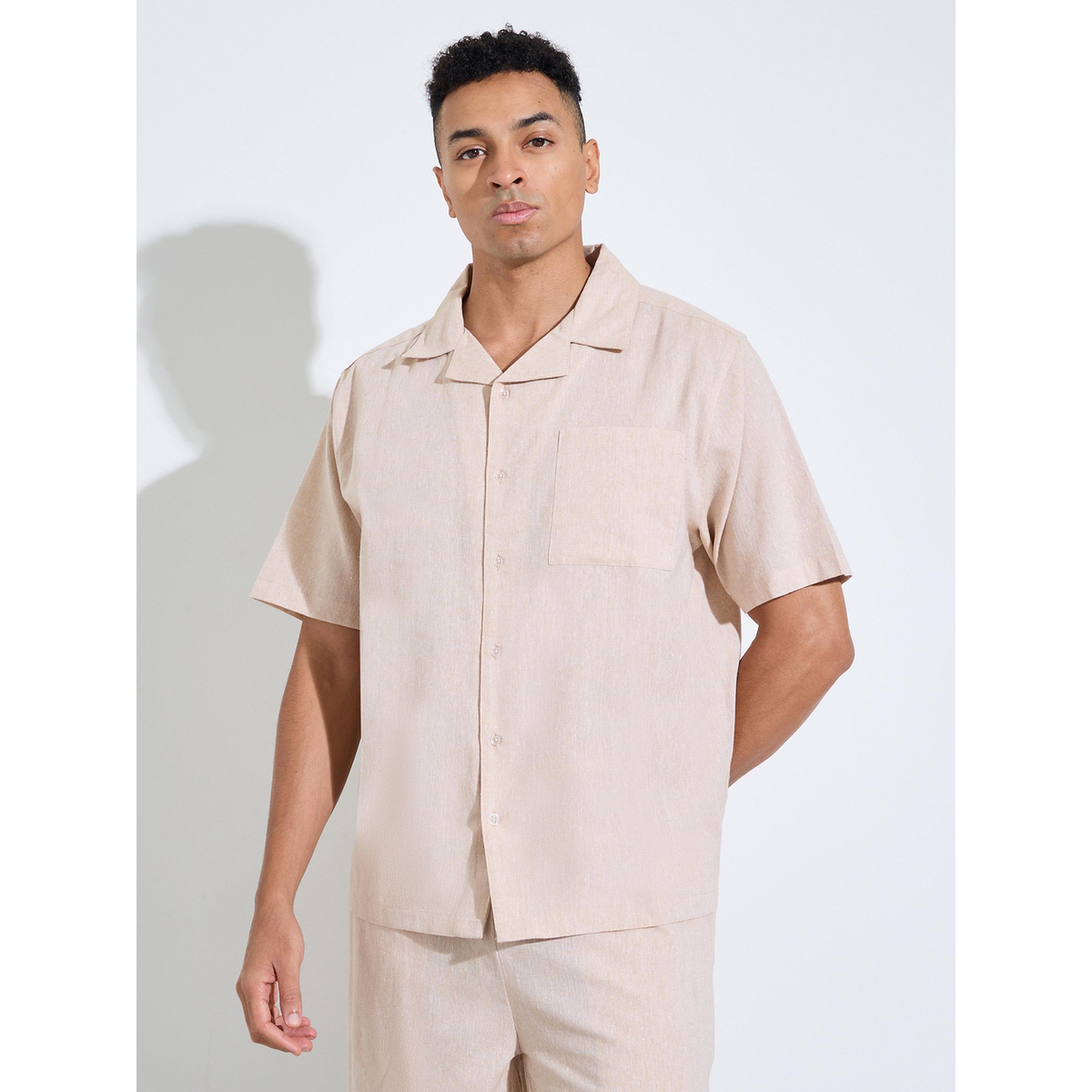 Styli Beige Solid Short Sleeves Pocket Detail Shirt and Shorts Pyjama Set-men-clothing-nightwear-sets-image-2