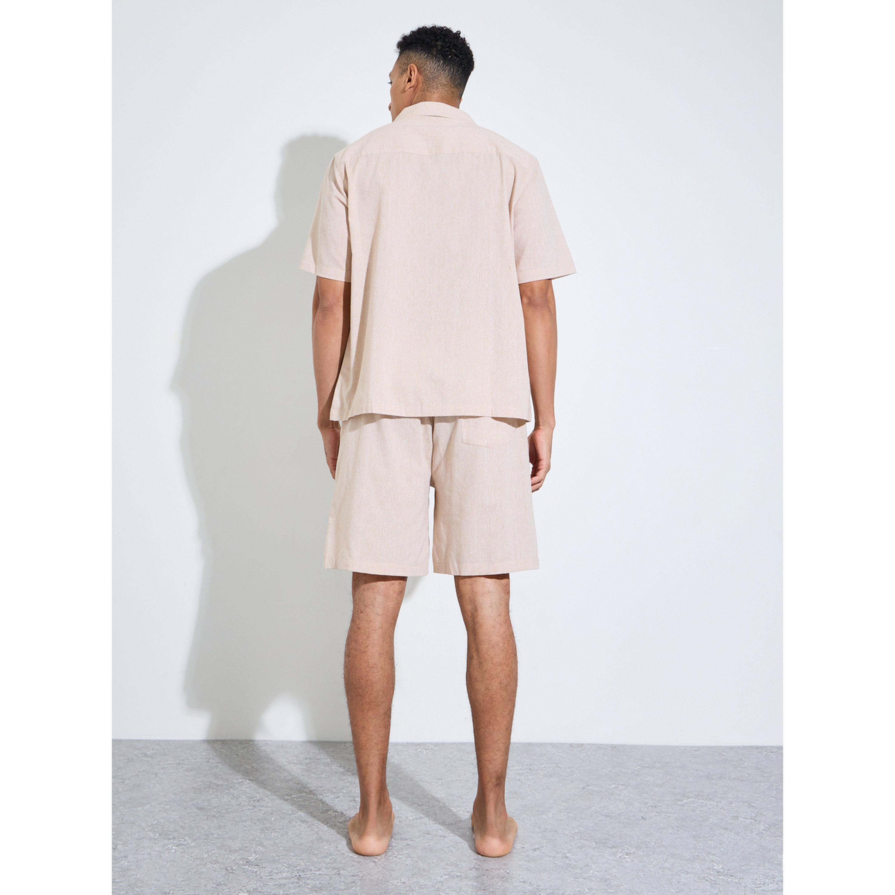 Styli Beige Solid Short Sleeves Pocket Detail Shirt and Shorts Pyjama Set-men-clothing-nightwear-sets-image-3