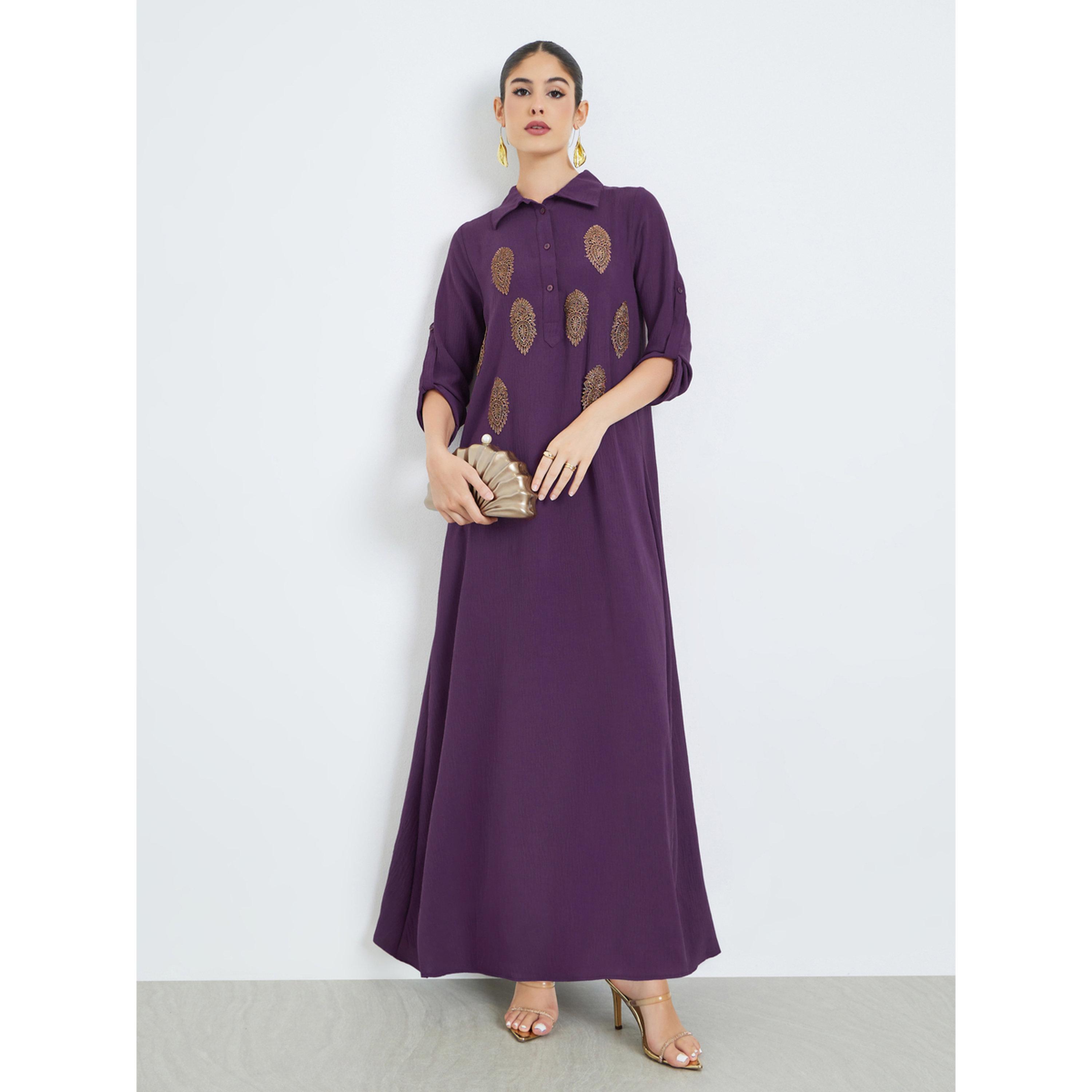 Styli Purple Lace Patch Collared Jalabiya-women-arabicclothing-jalabiyas-image-1
