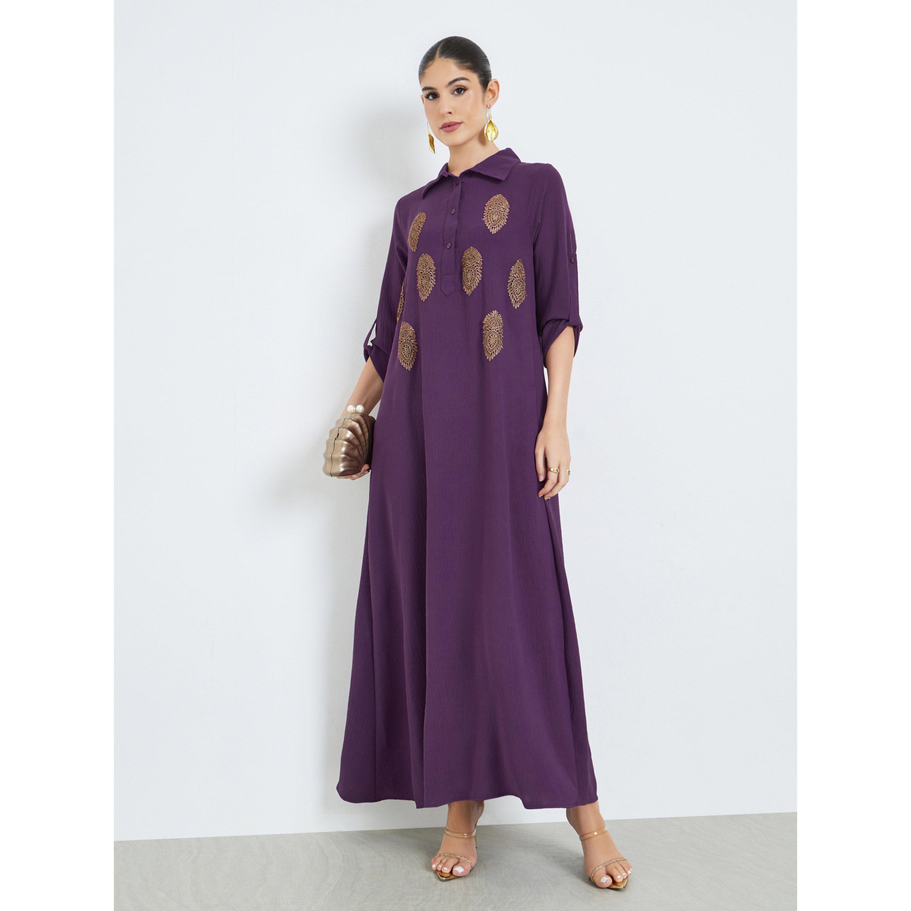 Styli Purple Lace Patch Collared Jalabiya-women-arabicclothing-jalabiyas-image-3