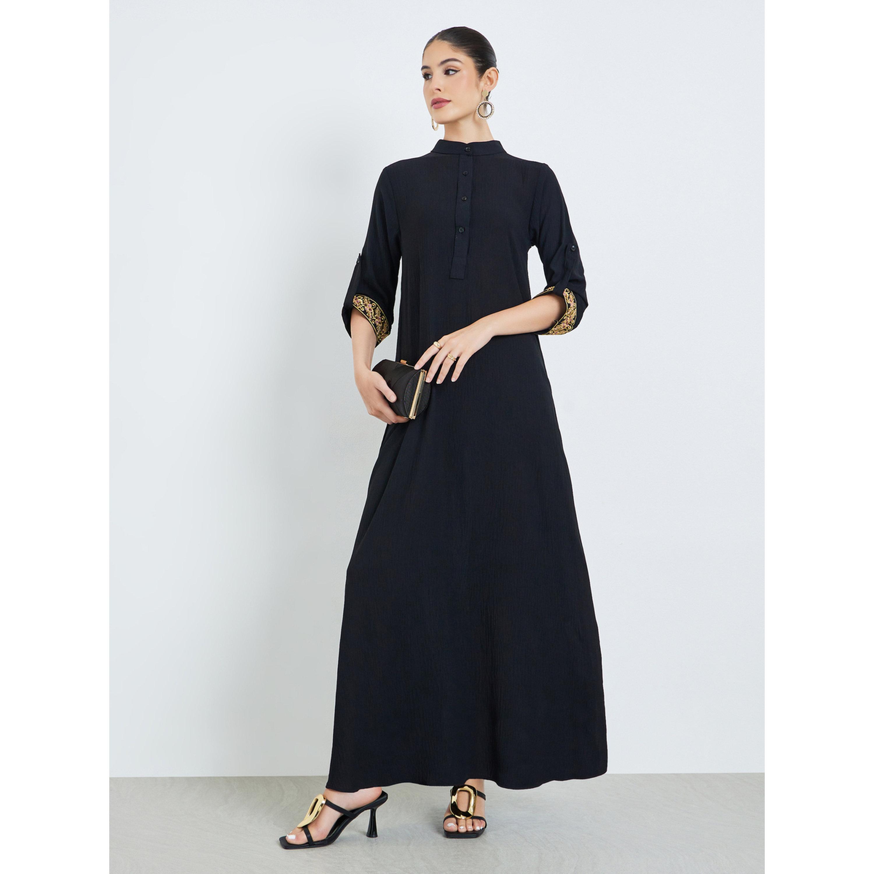 Styli Black Stand Collar Jalabiya with Embroidered Sleeves-women-arabicclothing-jalabiyas-image-1
