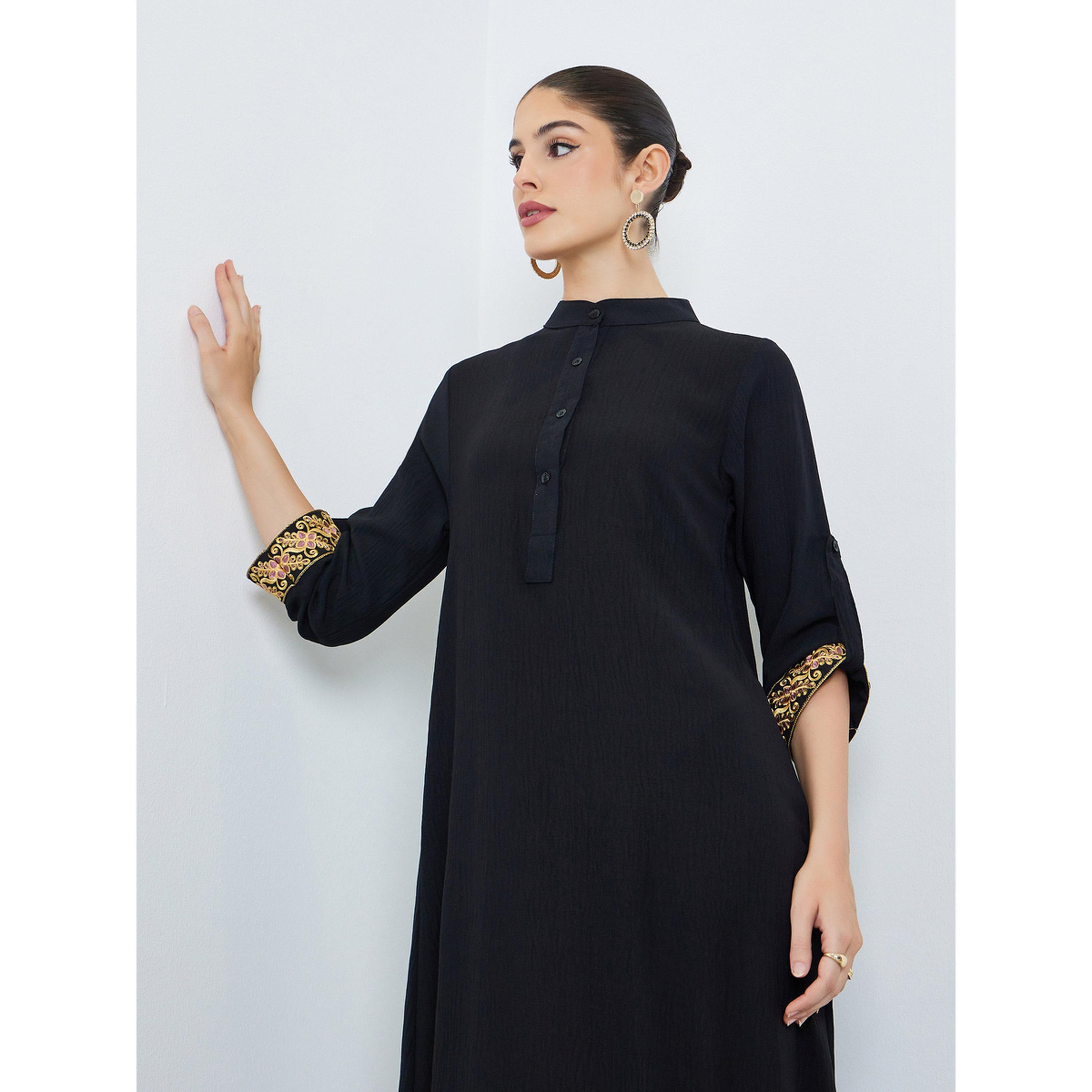 Styli Black Stand Collar Jalabiya with Embroidered Sleeves-women-arabicclothing-jalabiyas-image-2