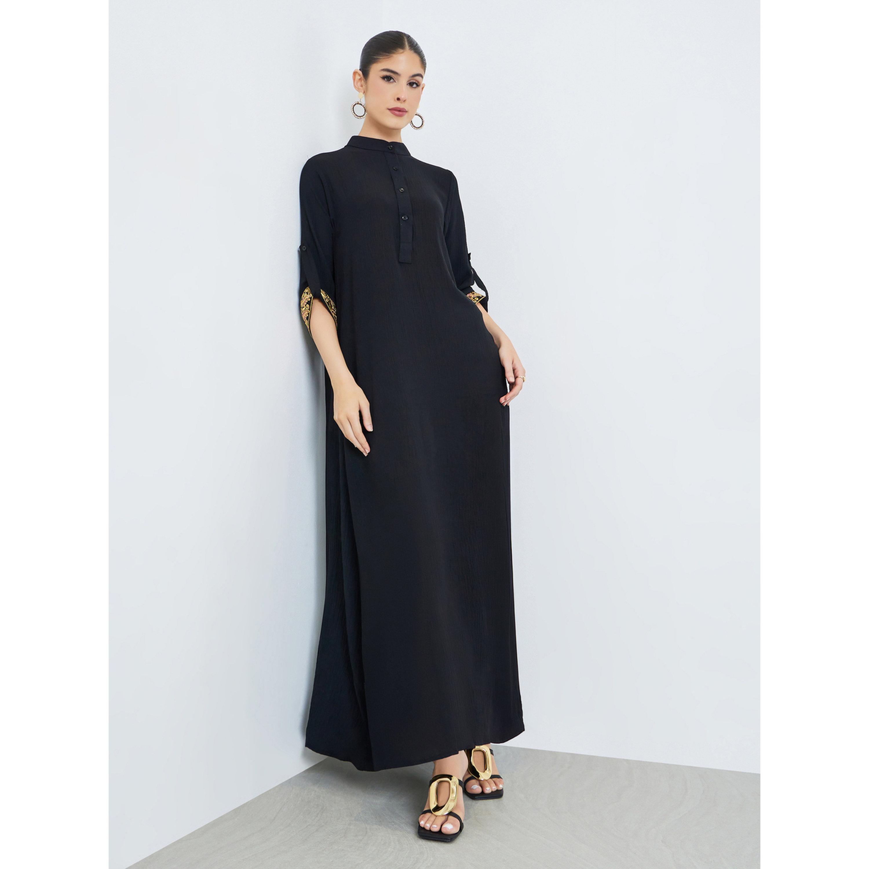 Styli Black Stand Collar Jalabiya with Embroidered Sleeves-women-arabicclothing-jalabiyas-image-3