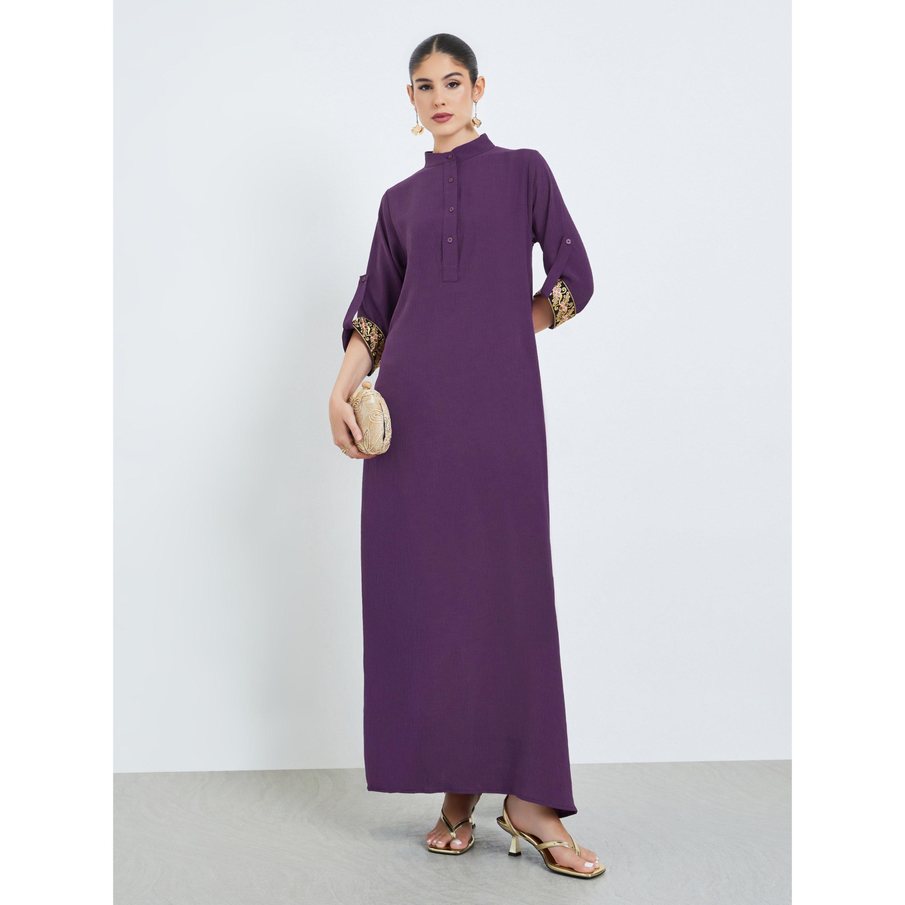 Styli Purple Stand Collar Jalabiya with Embroidered Sleeves-women-arabicclothing-jalabiyas-image-1