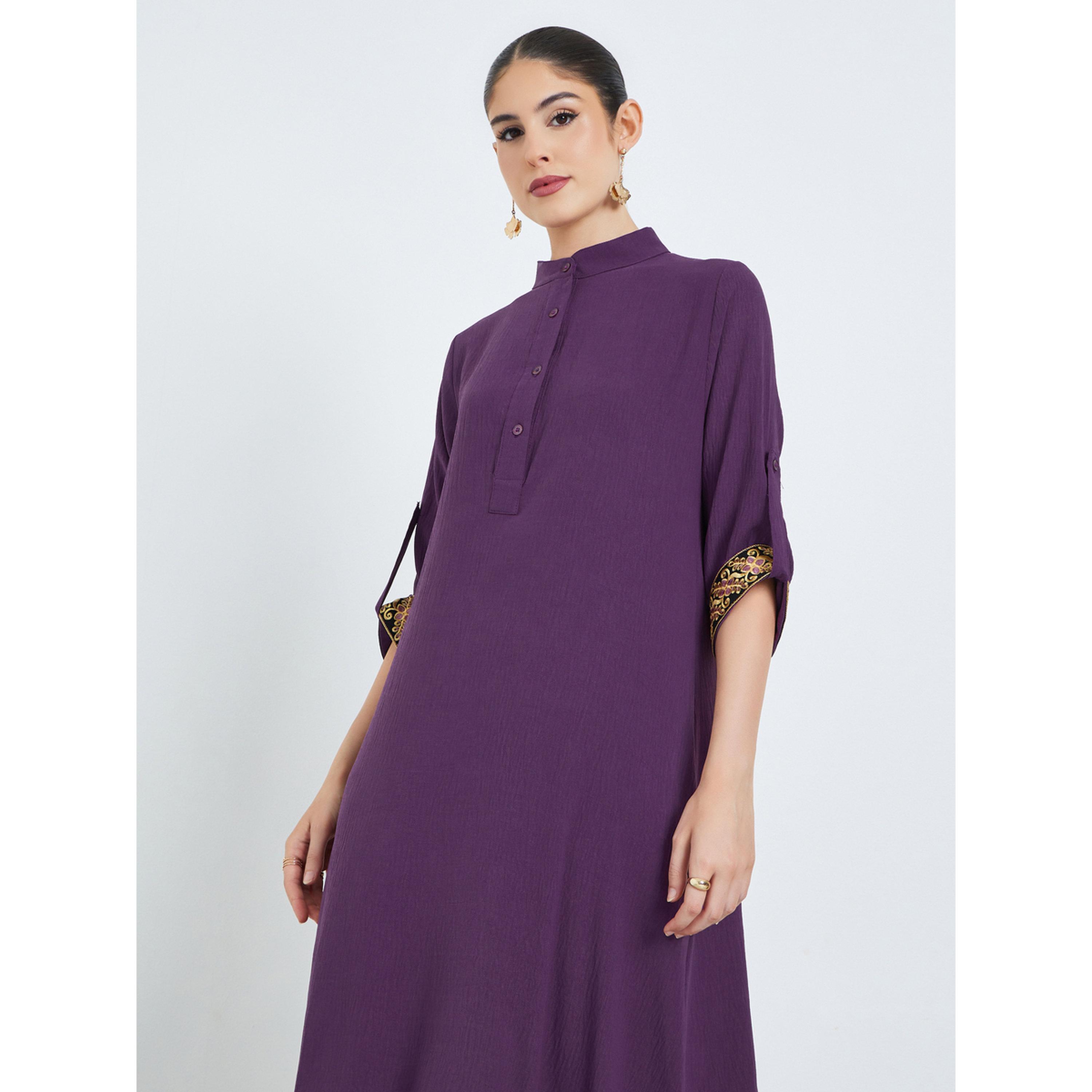 Styli Purple Stand Collar Jalabiya with Embroidered Sleeves-women-arabicclothing-jalabiyas-image-2