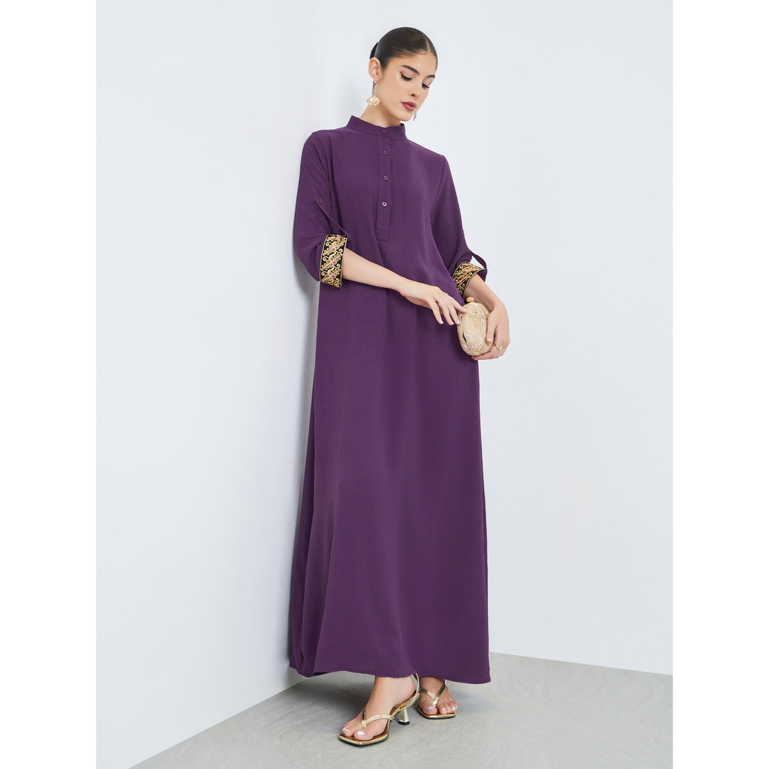 Styli Purple Stand Collar Jalabiya with Embroidered Sleeves-women-arabicclothing-jalabiyas-image-3