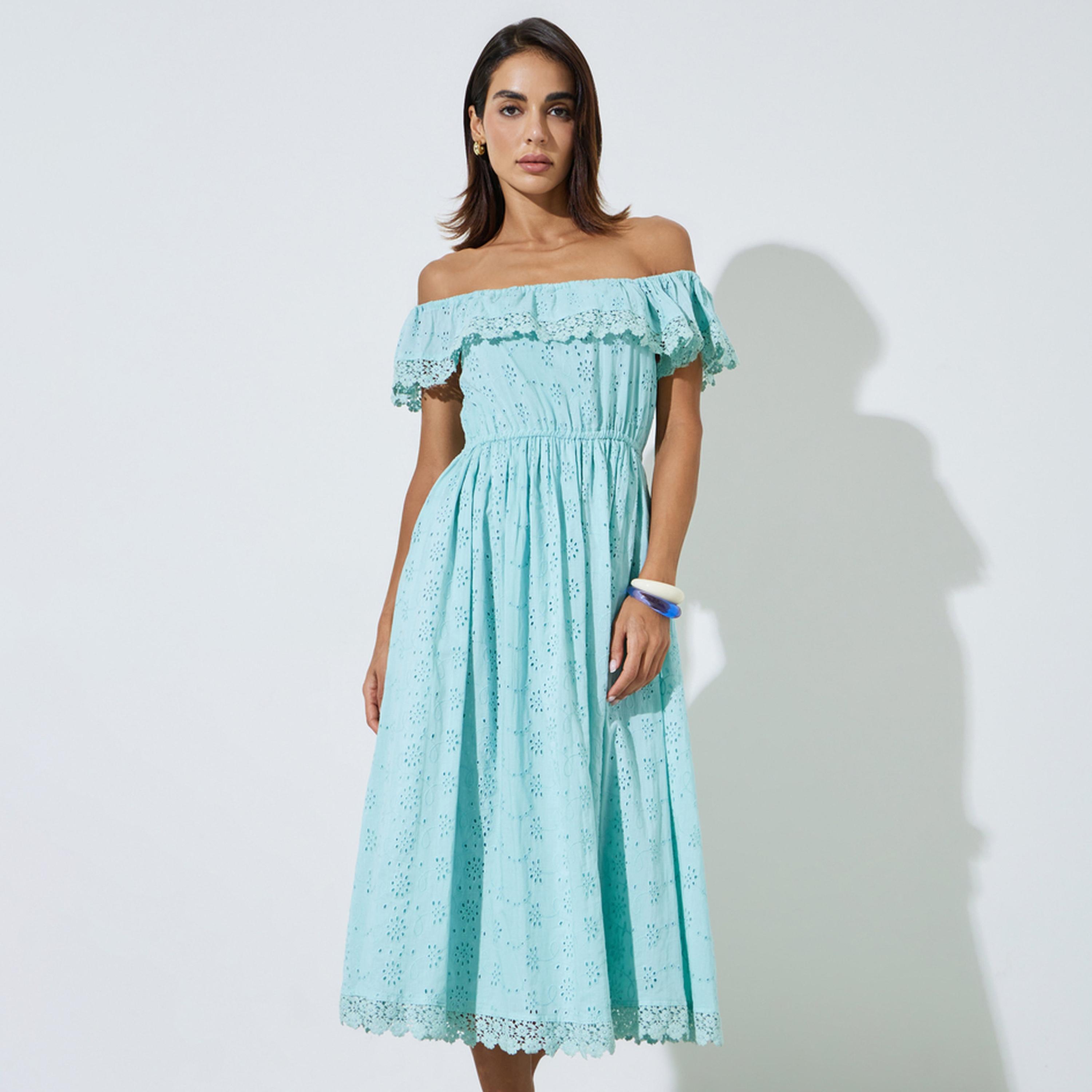 فستان ميدي قطن بأكتاف مكشوفة بتف-women-clothing-dresses-image-1