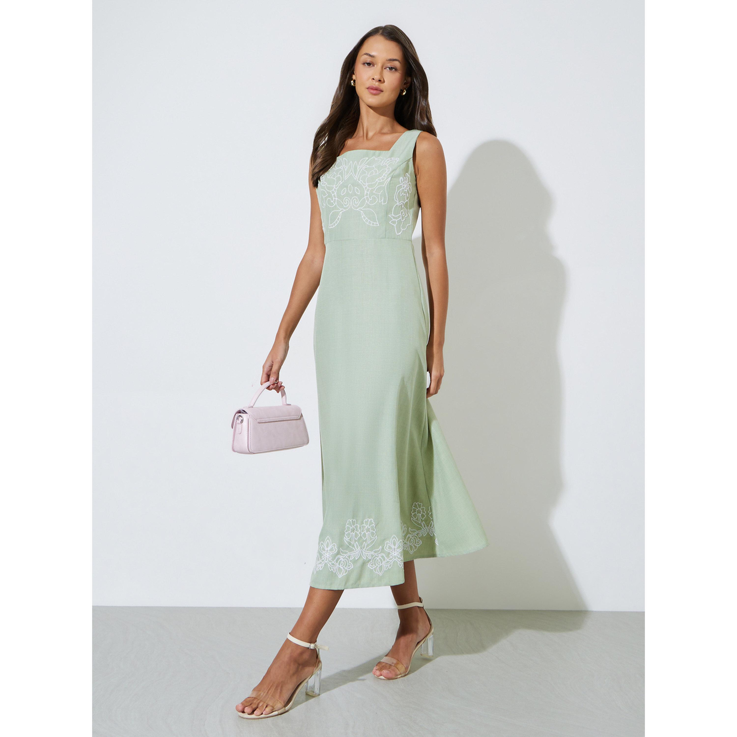 Styli Green Embroidered Square neck A-Line Midi Dress-women-clothing-dresses-image-1