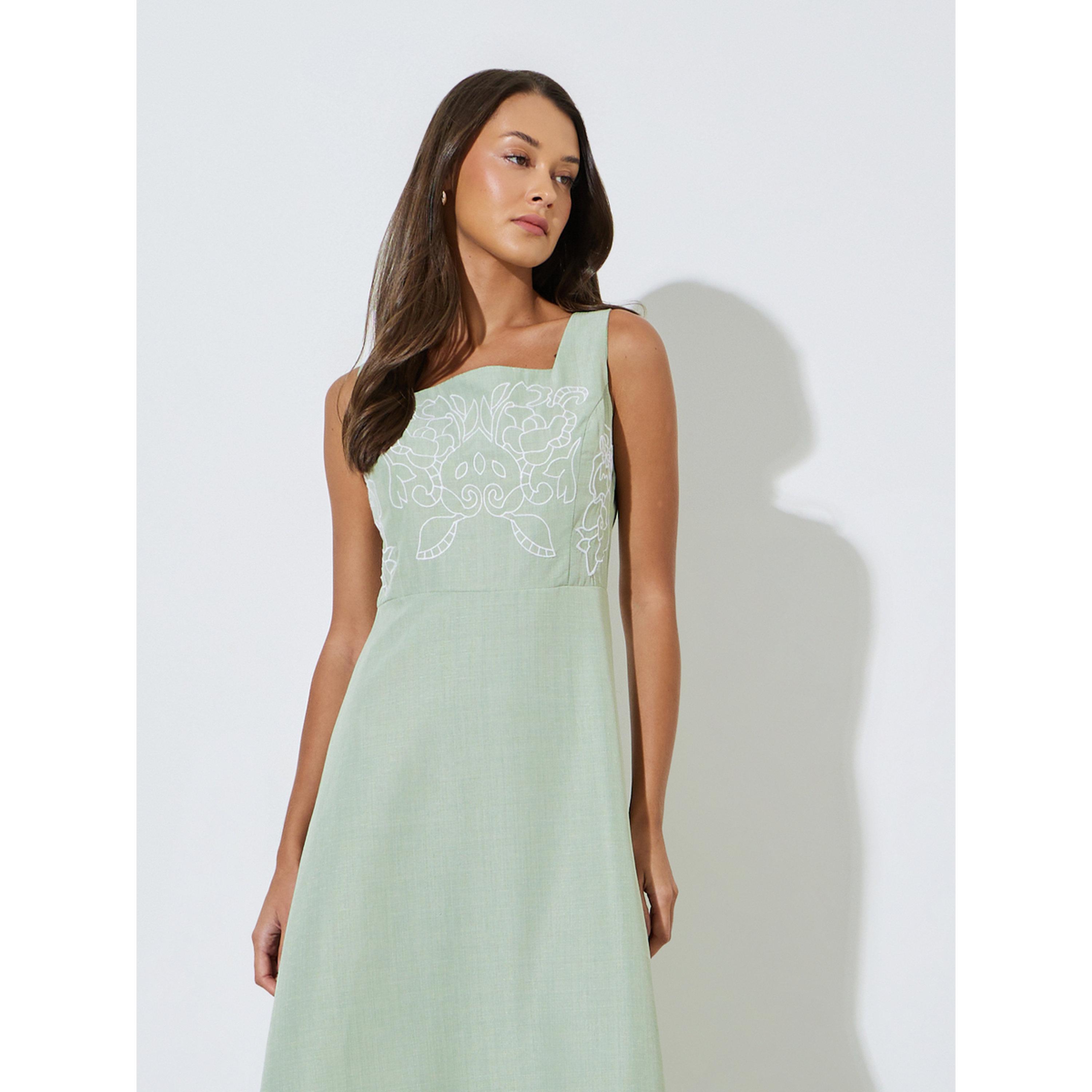 Styli Green Embroidered Square neck A-Line Midi Dress-women-clothing-dresses-image-2