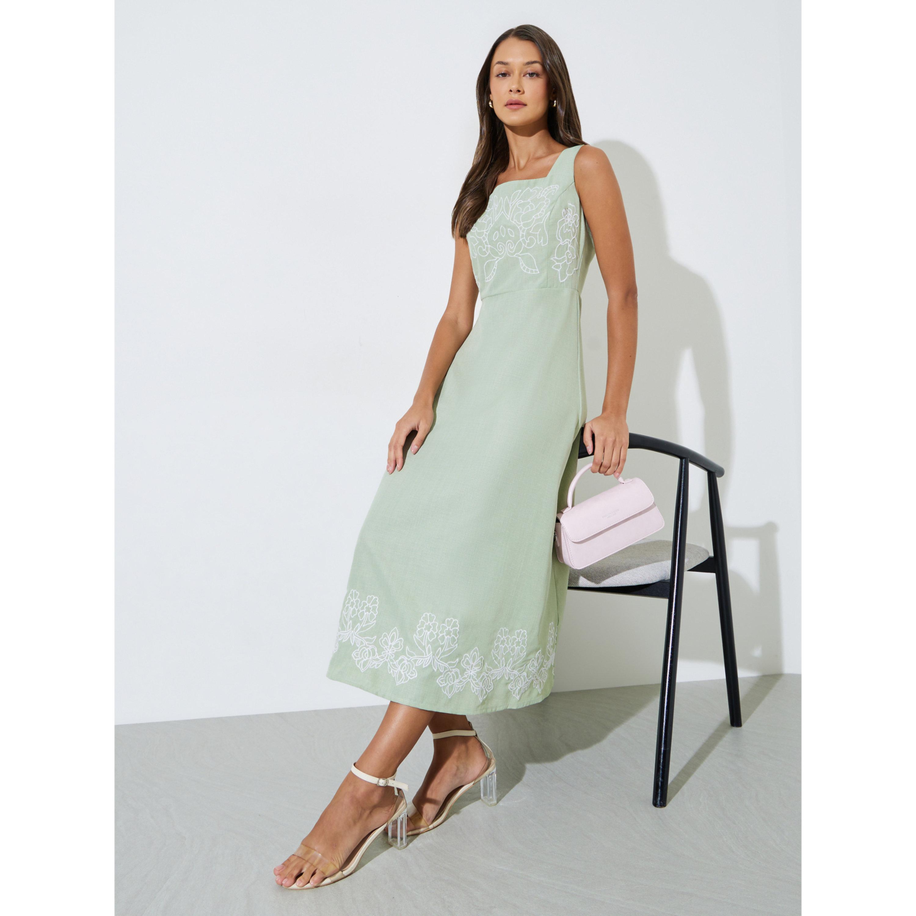 Styli Green Embroidered Square neck A-Line Midi Dress-women-clothing-dresses-image-3