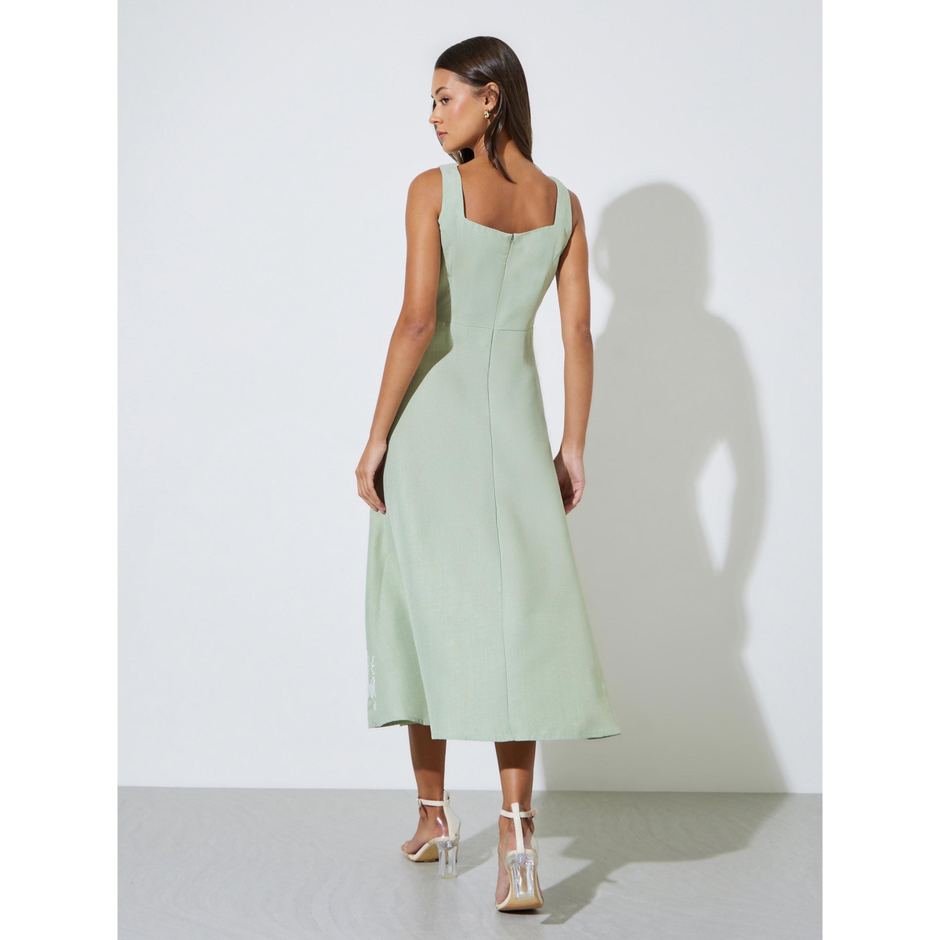 Styli Green Embroidered Square neck A-Line Midi Dress-women-clothing-dresses-image-4