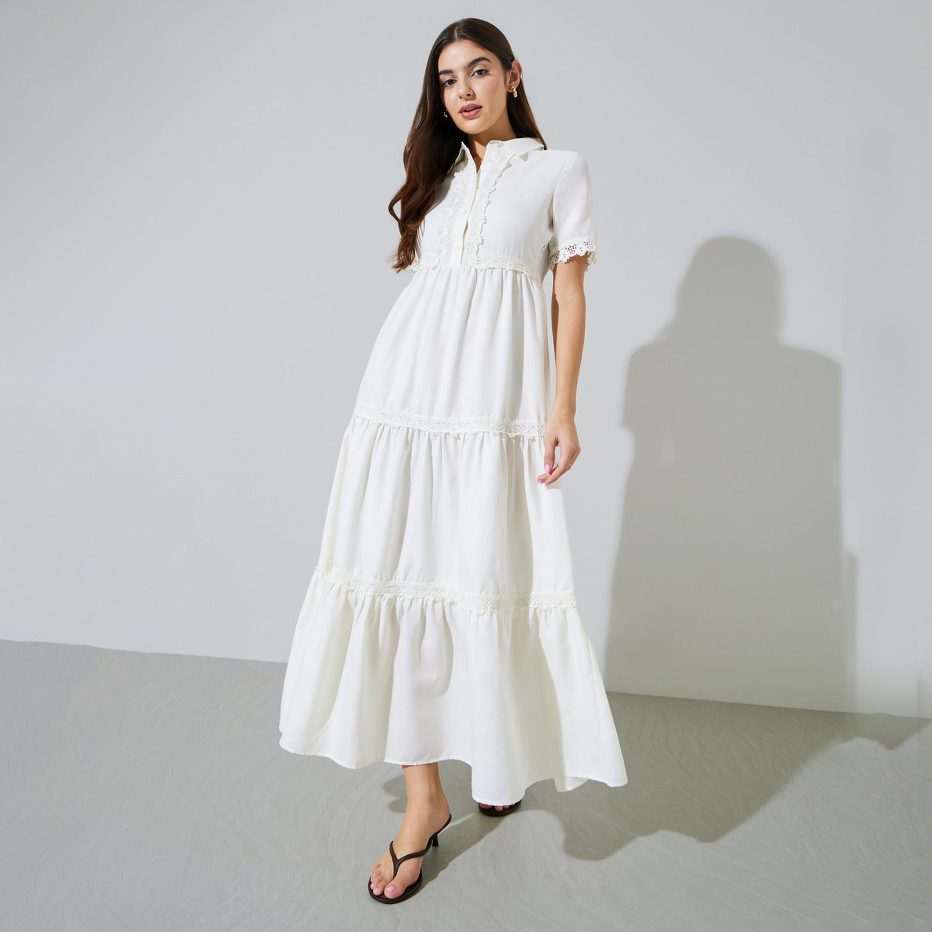 Styli Off-White Lace Trim Short Sleeves Shirt Maxi Dress-women-clothing-dresses-image-1