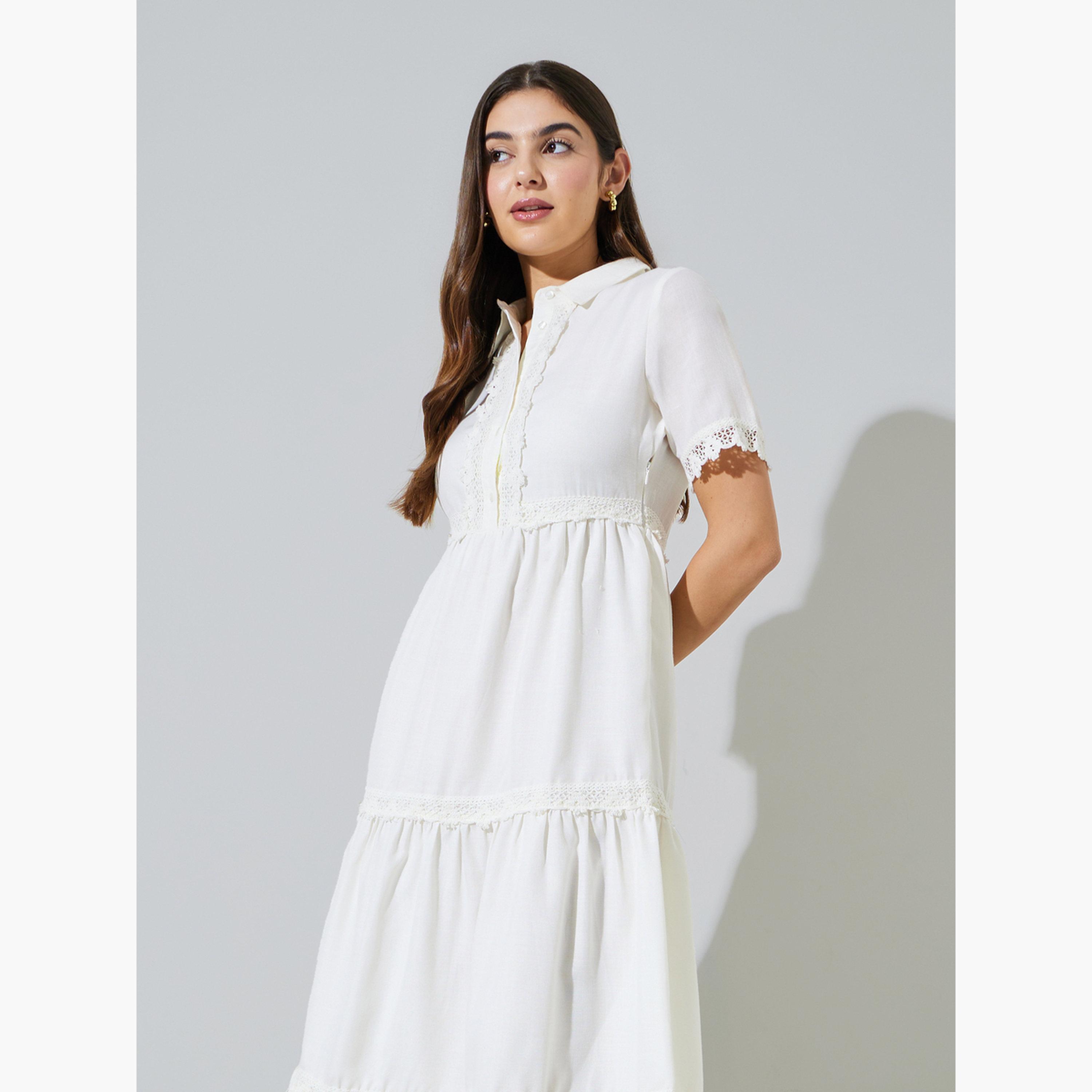 Styli Off-White Lace Trim Short Sleeves Shirt Maxi Dress-women-clothing-dresses-image-2