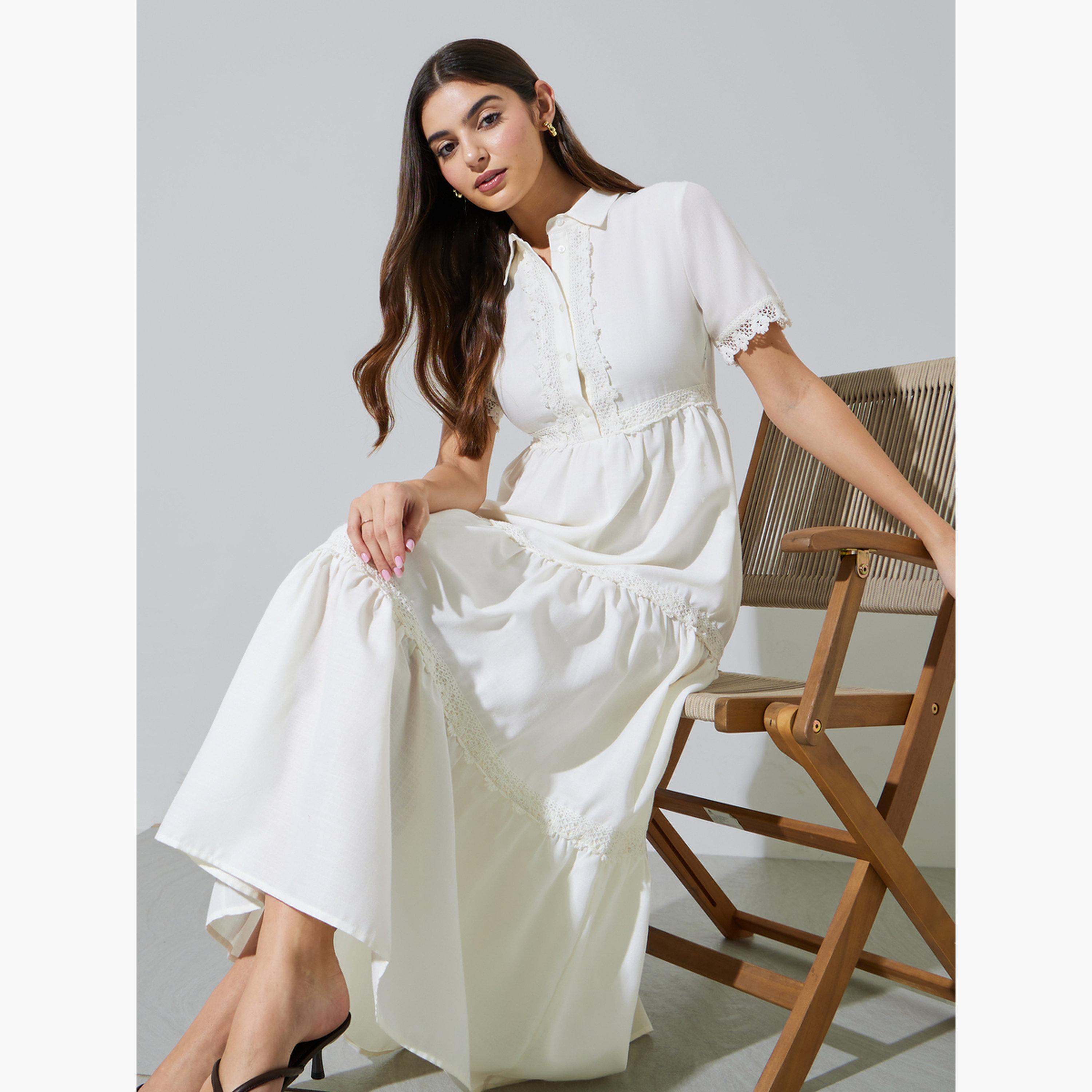 Styli Off-White Lace Trim Short Sleeves Shirt Maxi Dress-women-clothing-dresses-image-3