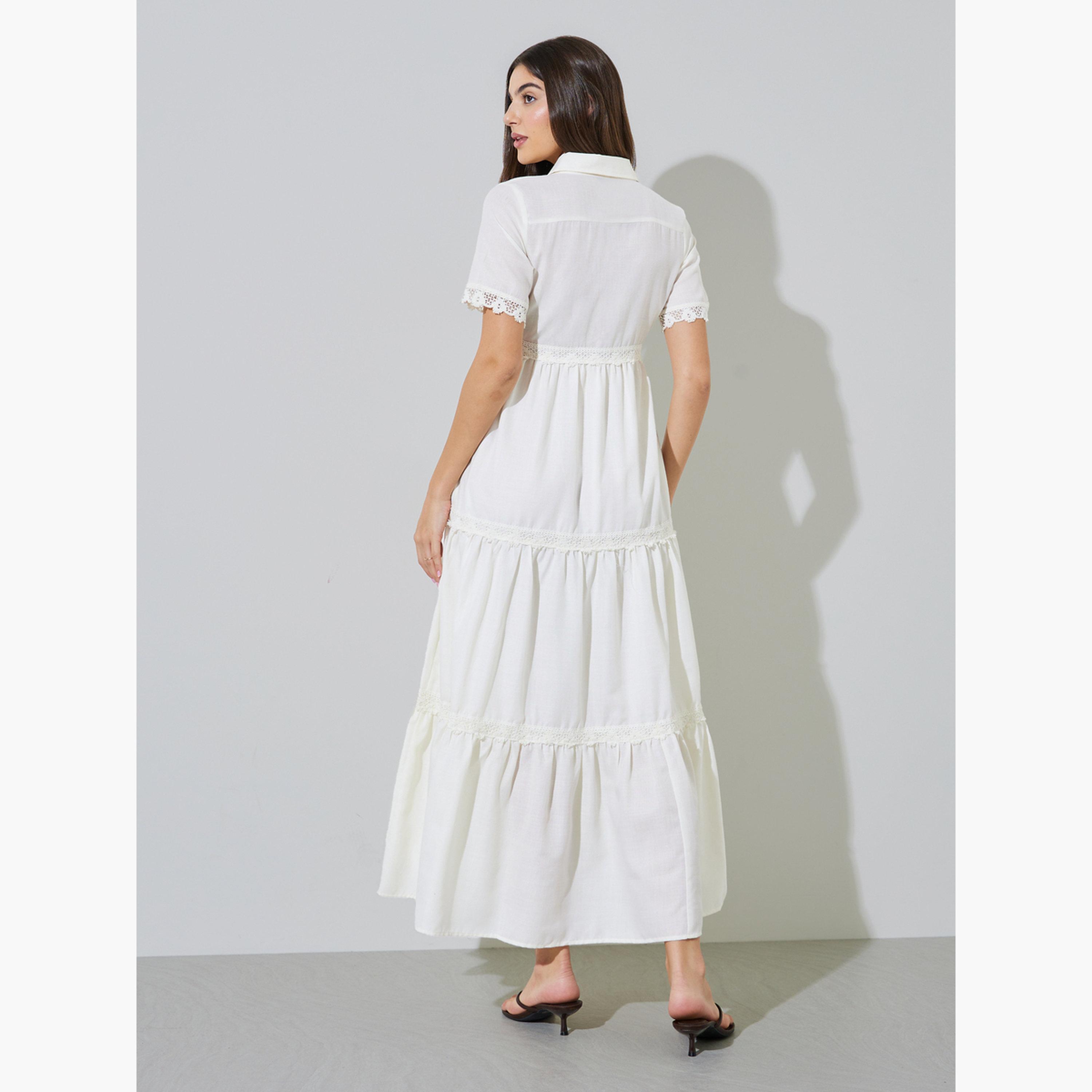 Styli Off-White Lace Trim Short Sleeves Shirt Maxi Dress-women-clothing-dresses-image-4