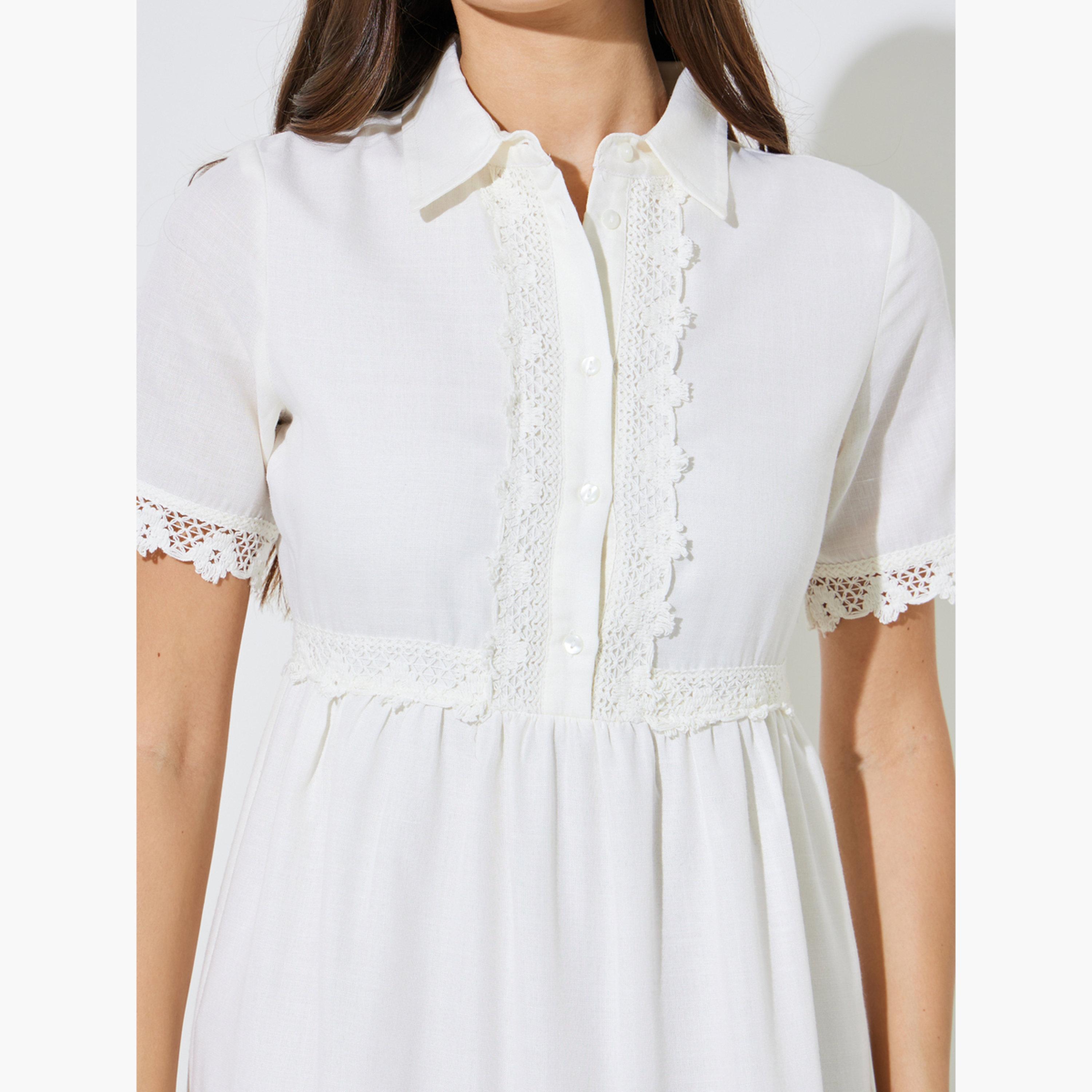 Styli Off-White Lace Trim Short Sleeves Shirt Maxi Dress-women-clothing-dresses-image-5