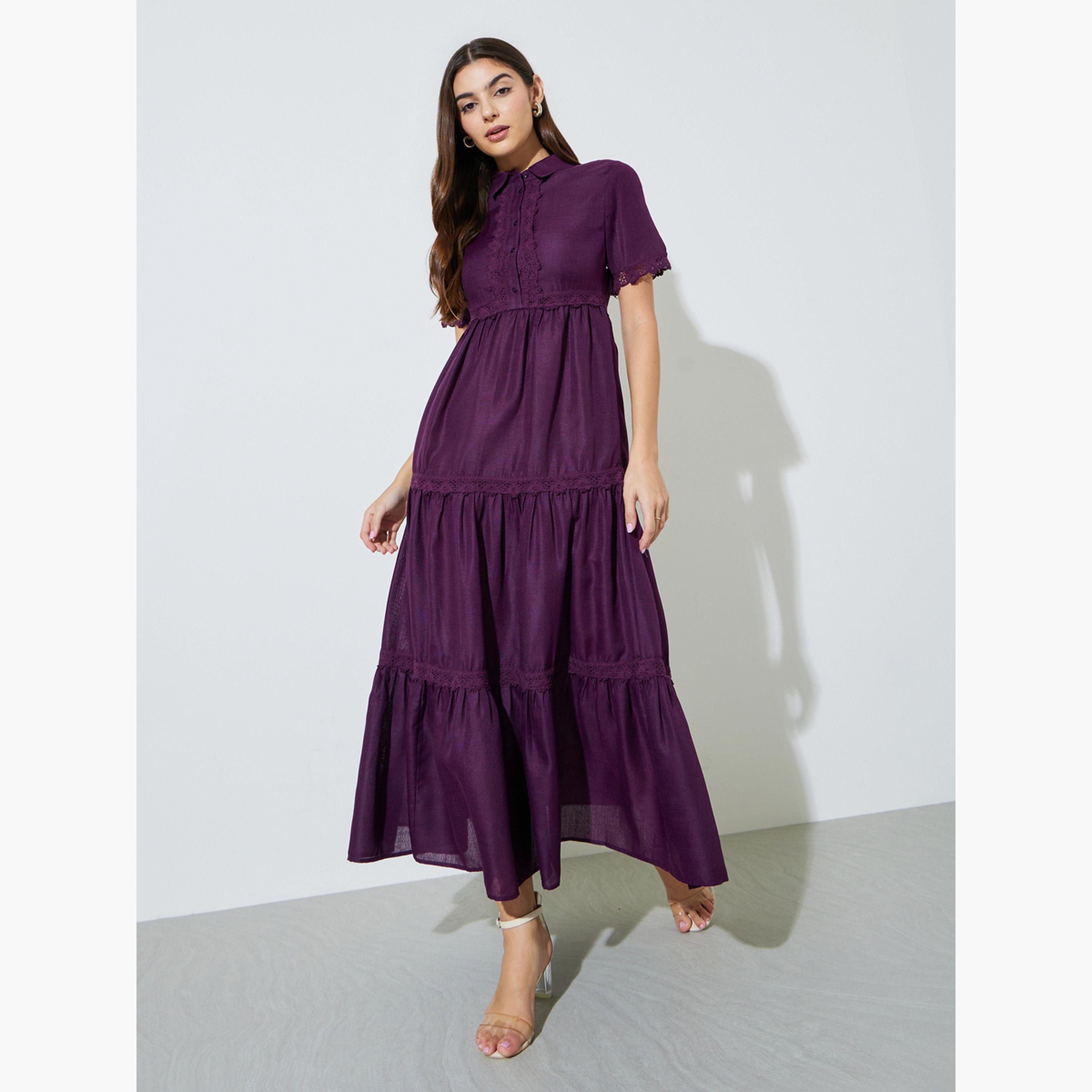 ستايلي - فستان ماكسي بأكمام قصيرة مزين بالدانتيل الأرجواني-women-clothing-dresses-image-1
