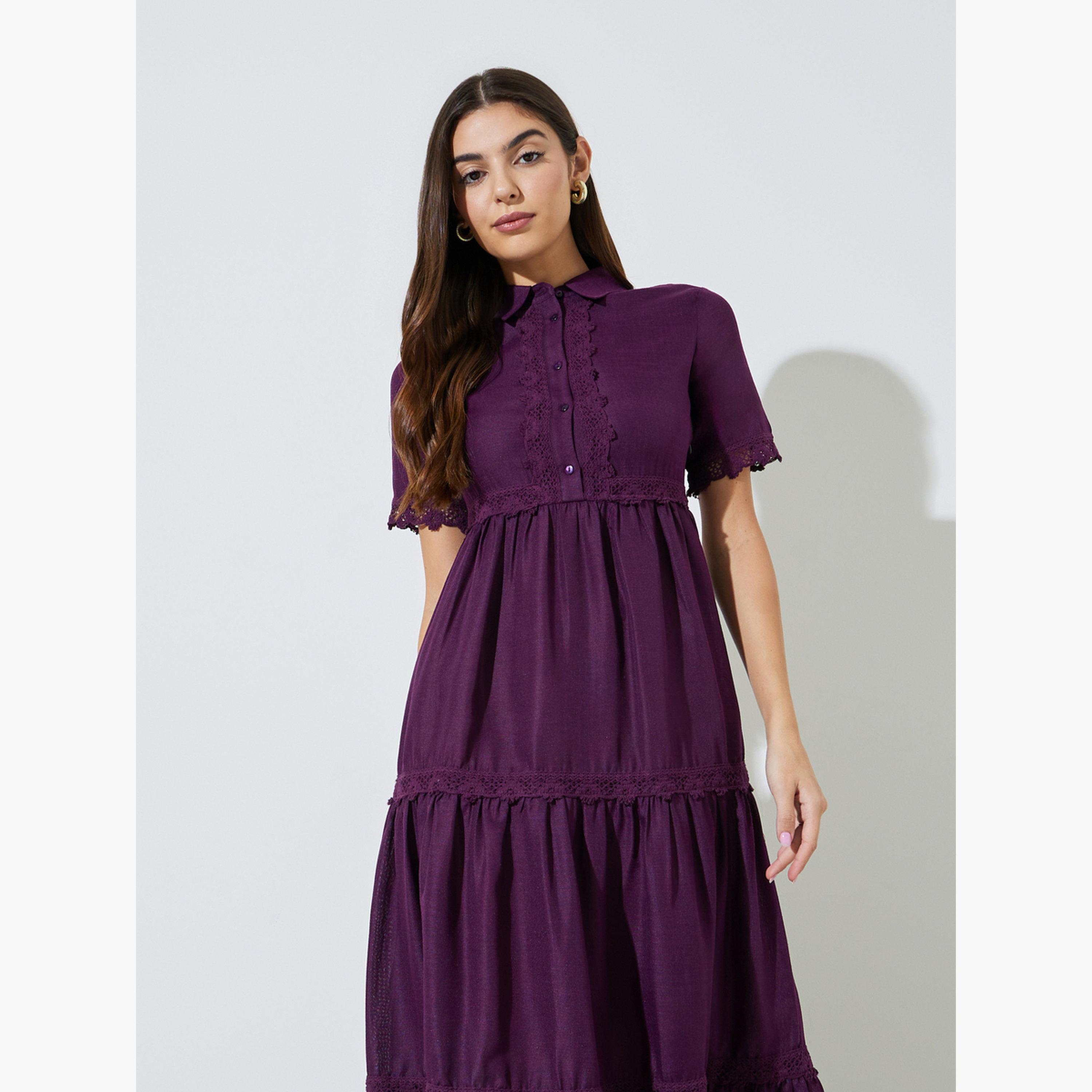 ستايلي - فستان ماكسي بأكمام قصيرة مزين بالدانتيل الأرجواني-women-clothing-dresses-image-2