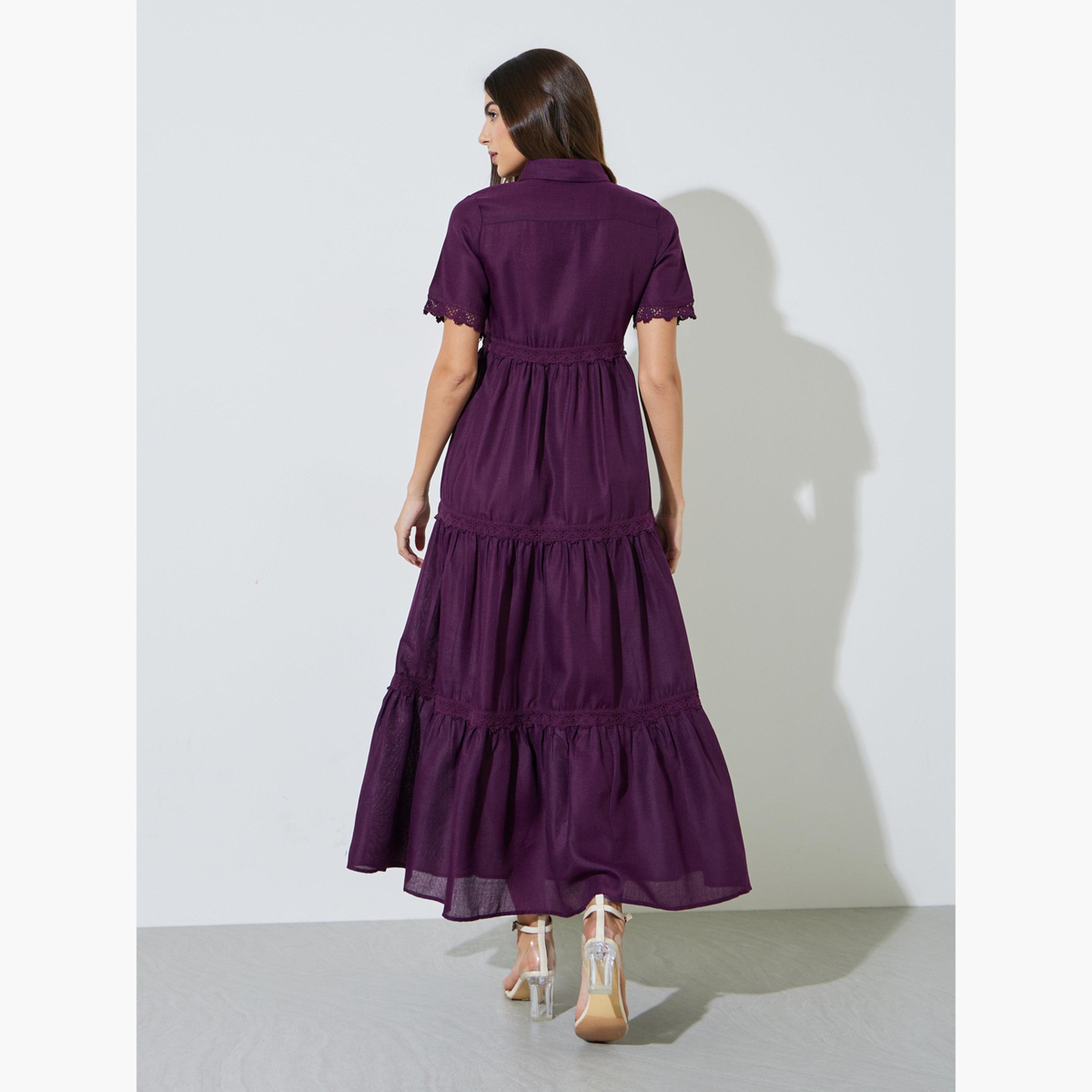 ستايلي - فستان ماكسي بأكمام قصيرة مزين بالدانتيل الأرجواني-women-clothing-dresses-image-4