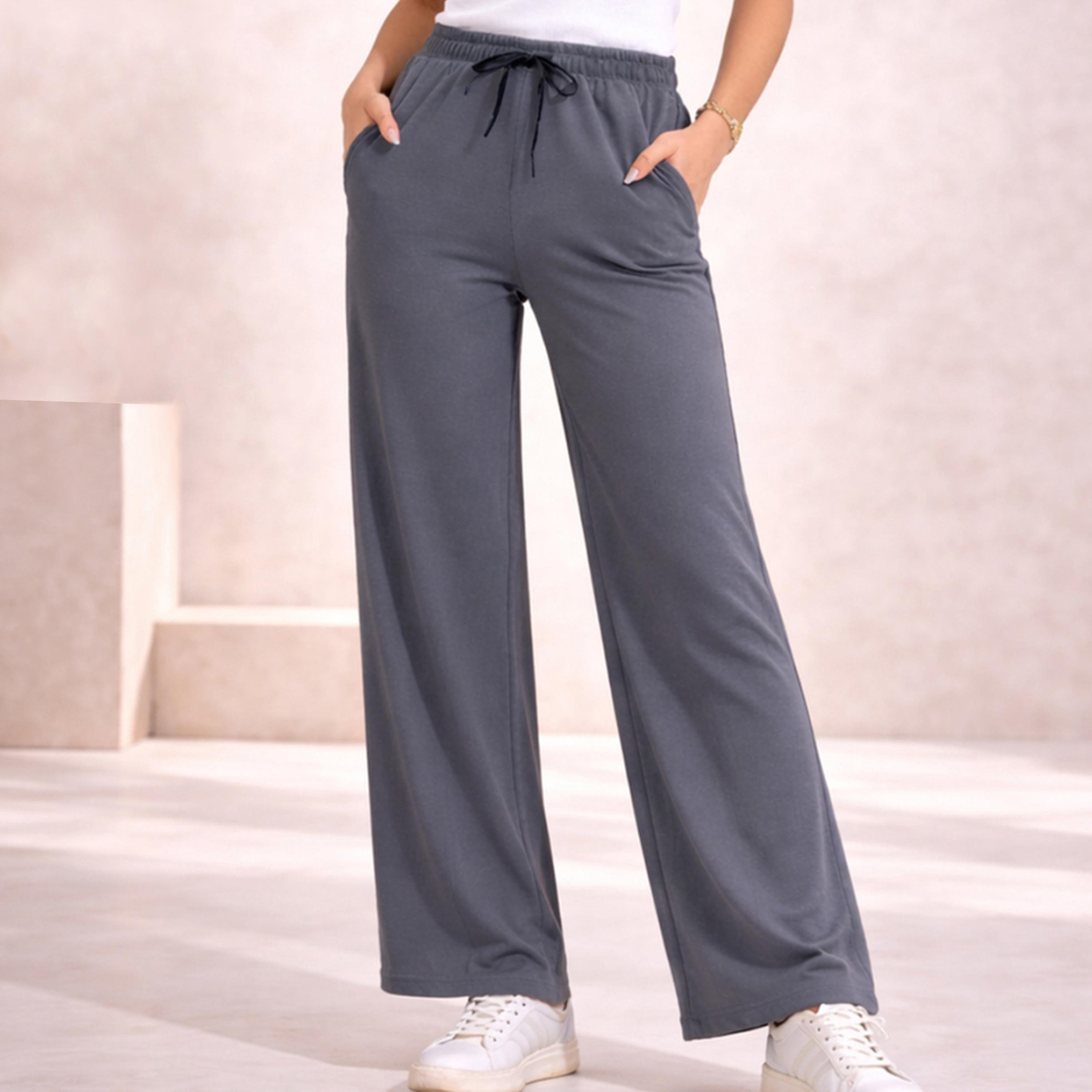 جوغر بأرجل واسعة سادة برباط لون رمادي-women-clothing-bottoms-joggers-image-1