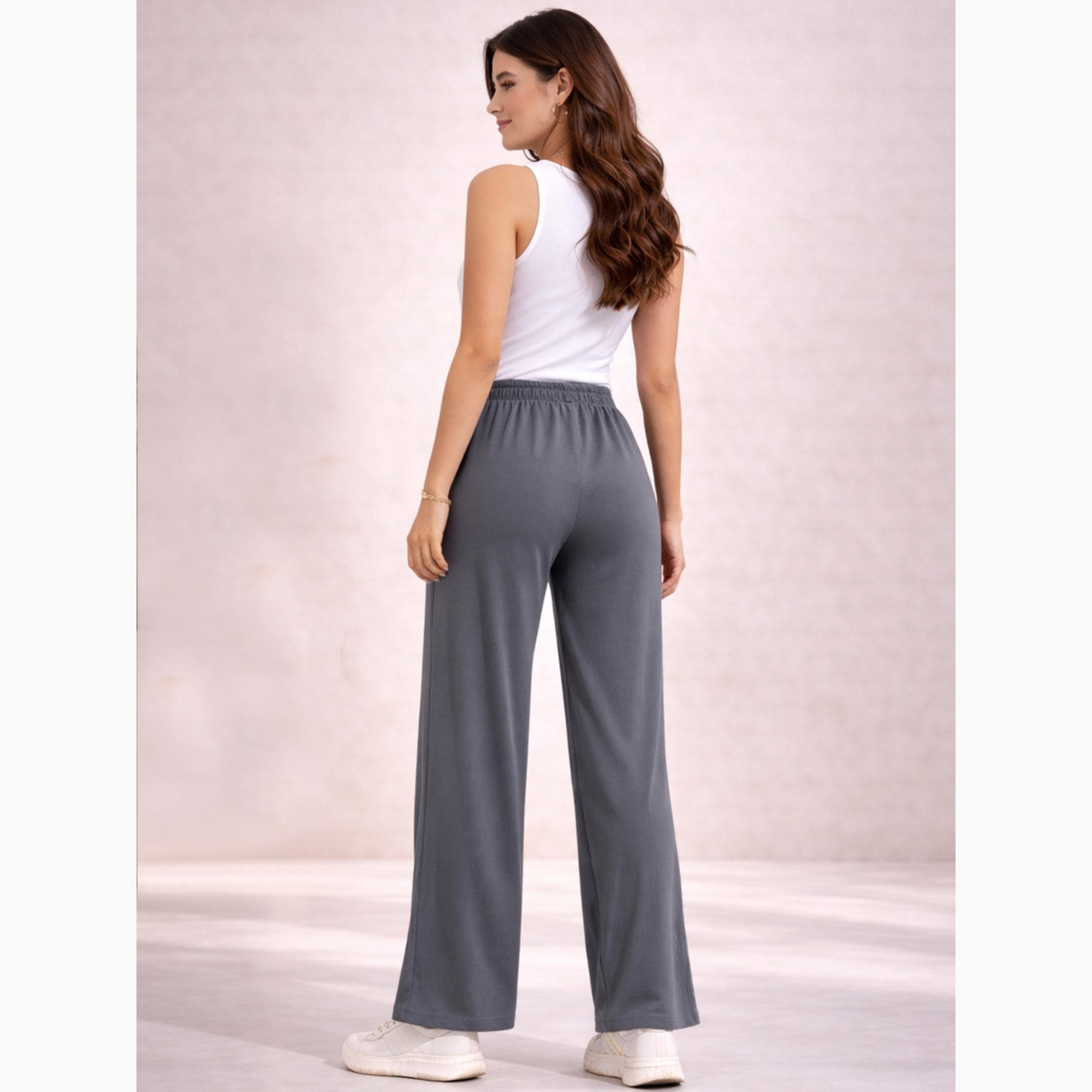 جوغر بأرجل واسعة سادة برباط لون رمادي-women-clothing-bottoms-joggers-image-4