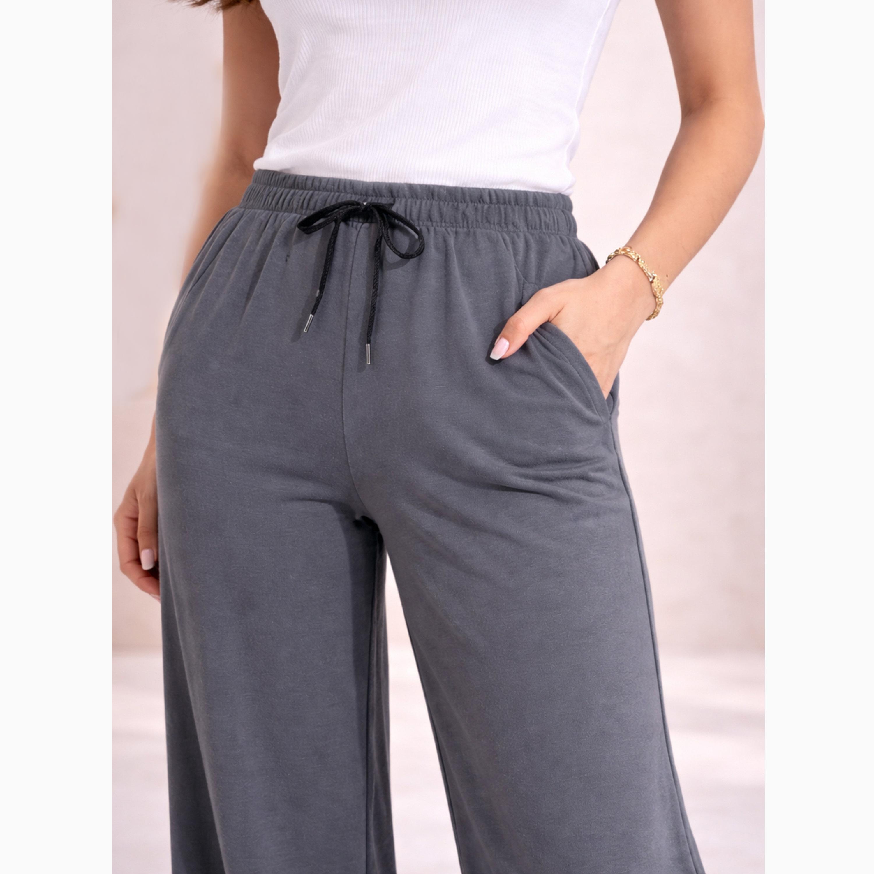 Take Two Grey Solid Wide Leg Joggers with Drawstrings-women-clothing-bottoms-joggers-image-5