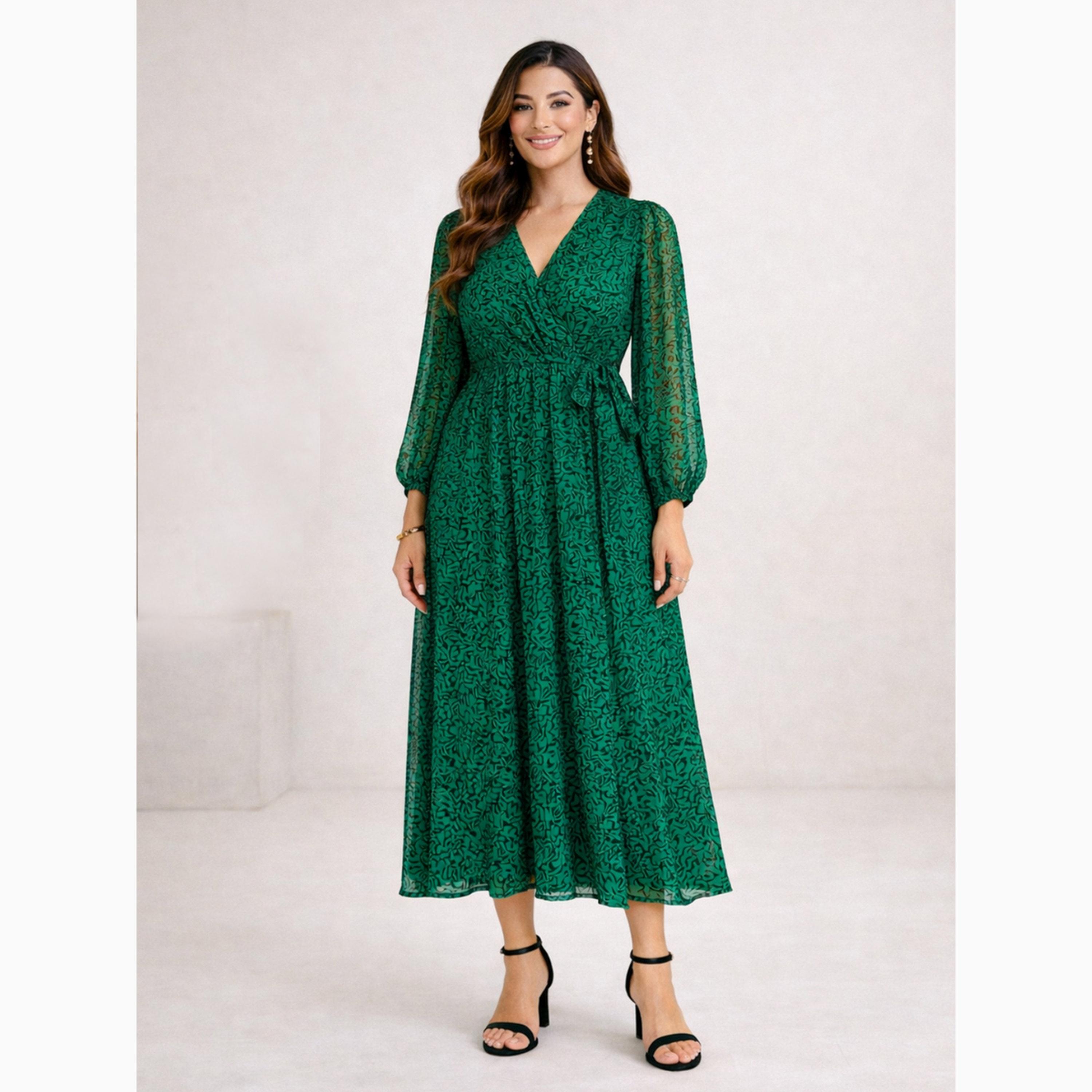 فستان طويل أخضر بحزام ربط-women-clothing-dresses-image-1