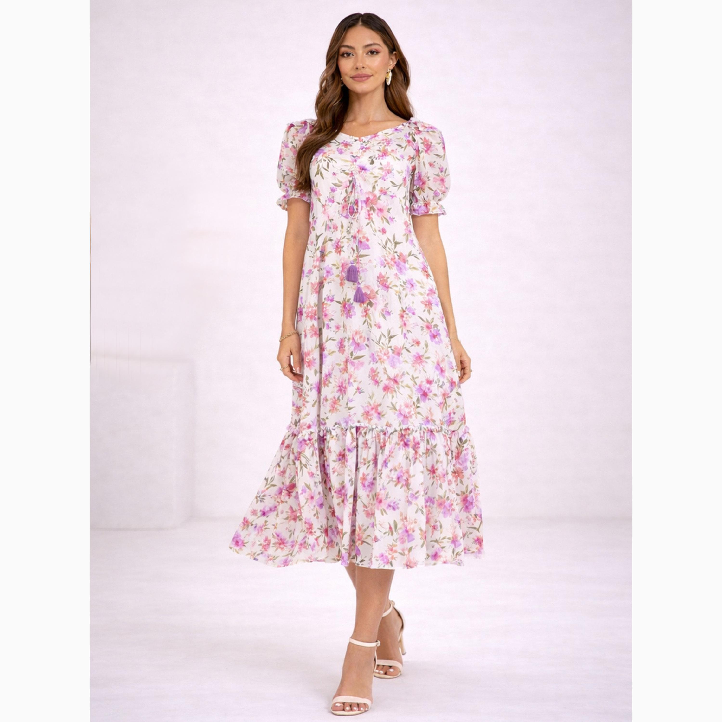 فستان ميدي بأكمام منفوخة وطبعات زهور-women-clothing-dresses-image-1