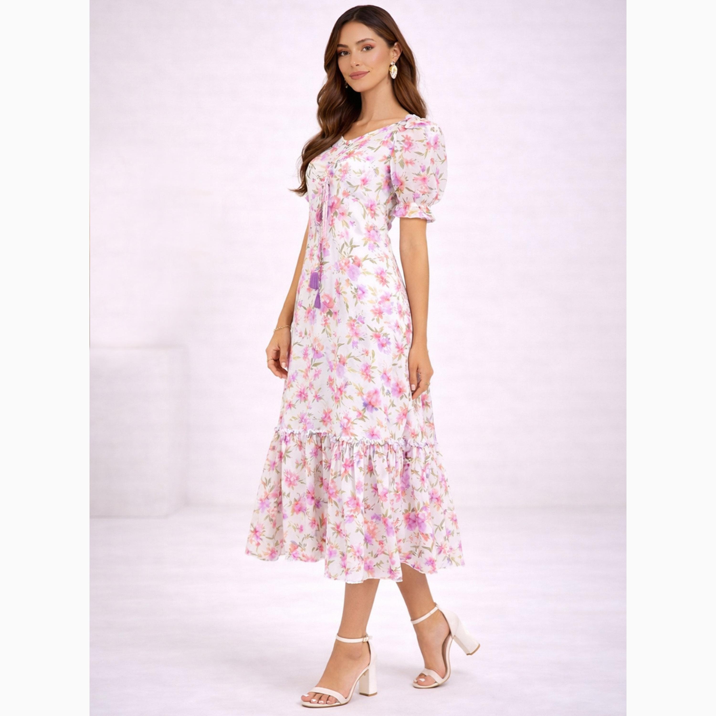 فستان ميدي بأكمام منفوخة وطبعات زهور-women-clothing-dresses-image-3