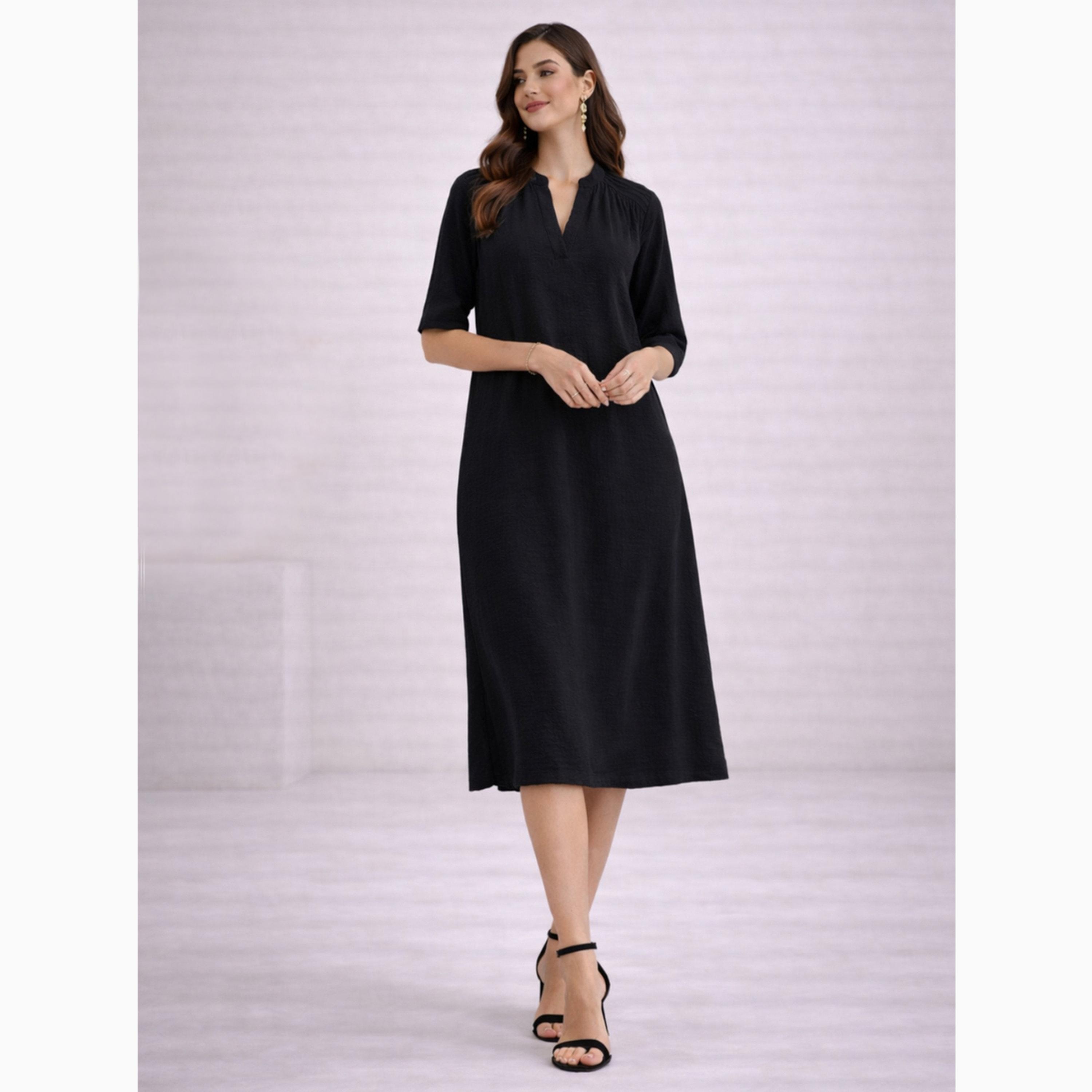 Take Two Black Notch Neck Midi Dress with Side Pocket-women-clothing-dresses-image-1