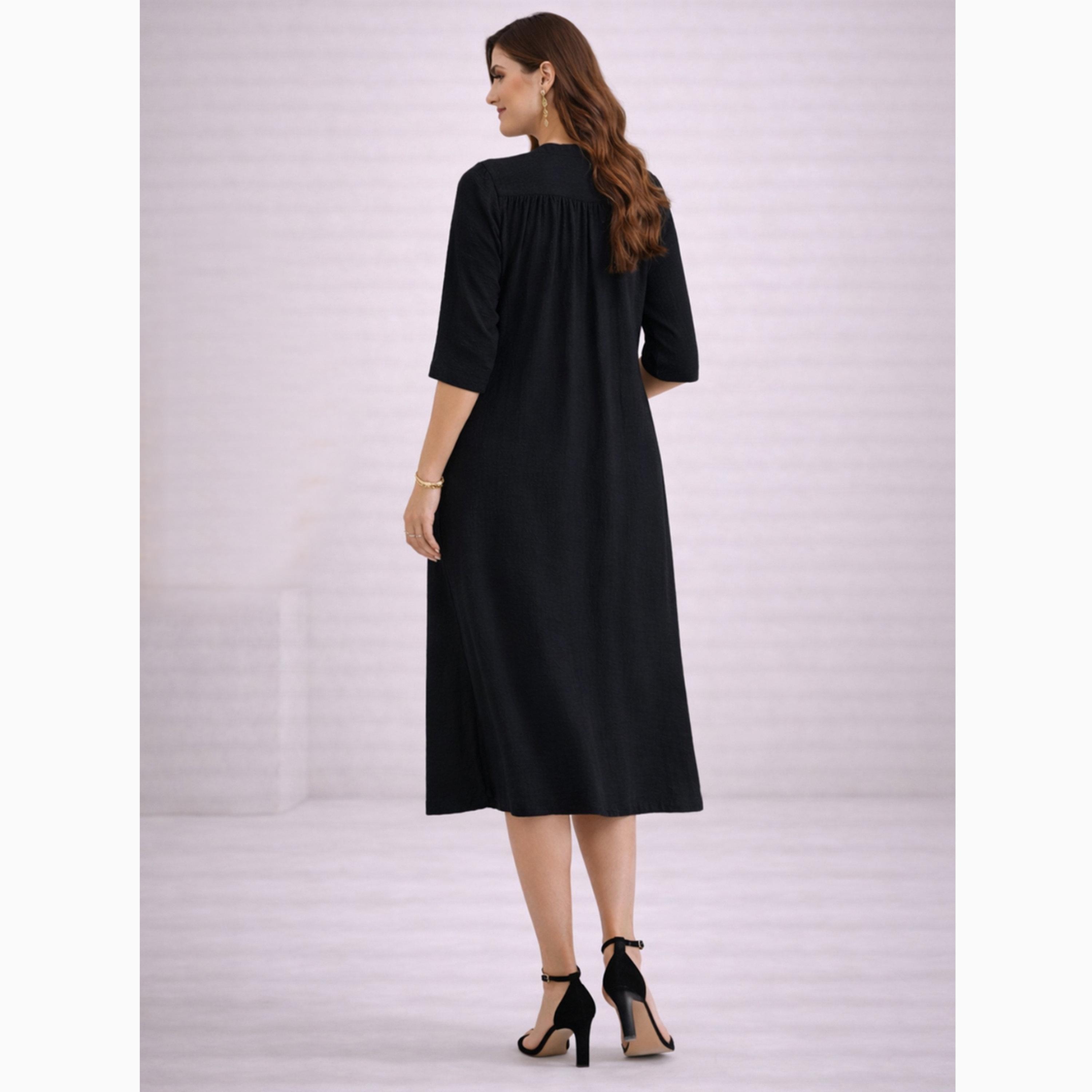 فستان ميدي بفتحة رقبة وجيب جانبي أسود-women-clothing-dresses-image-2