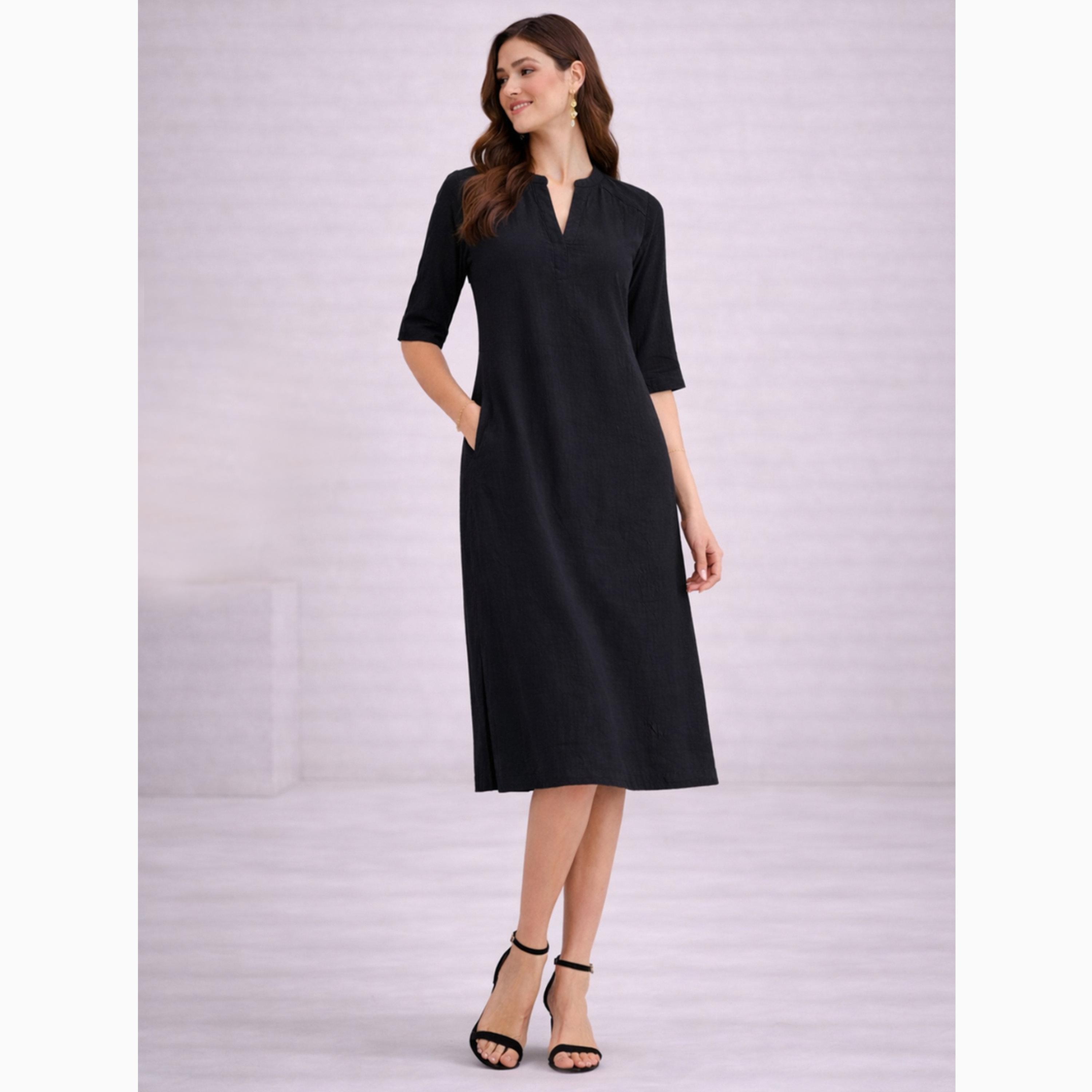 Take Two Black Notch Neck Midi Dress with Side Pocket-women-clothing-dresses-image-3